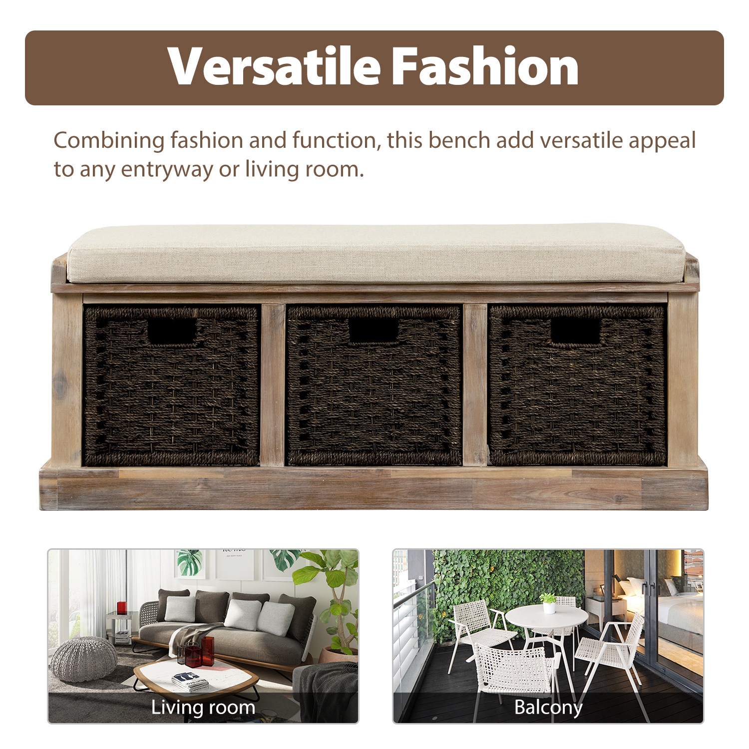 Banc de rangement rustique Kepooman avec 3 panier en rotin classique amovible, banc d'entrée avec coussin amovible - Naturel