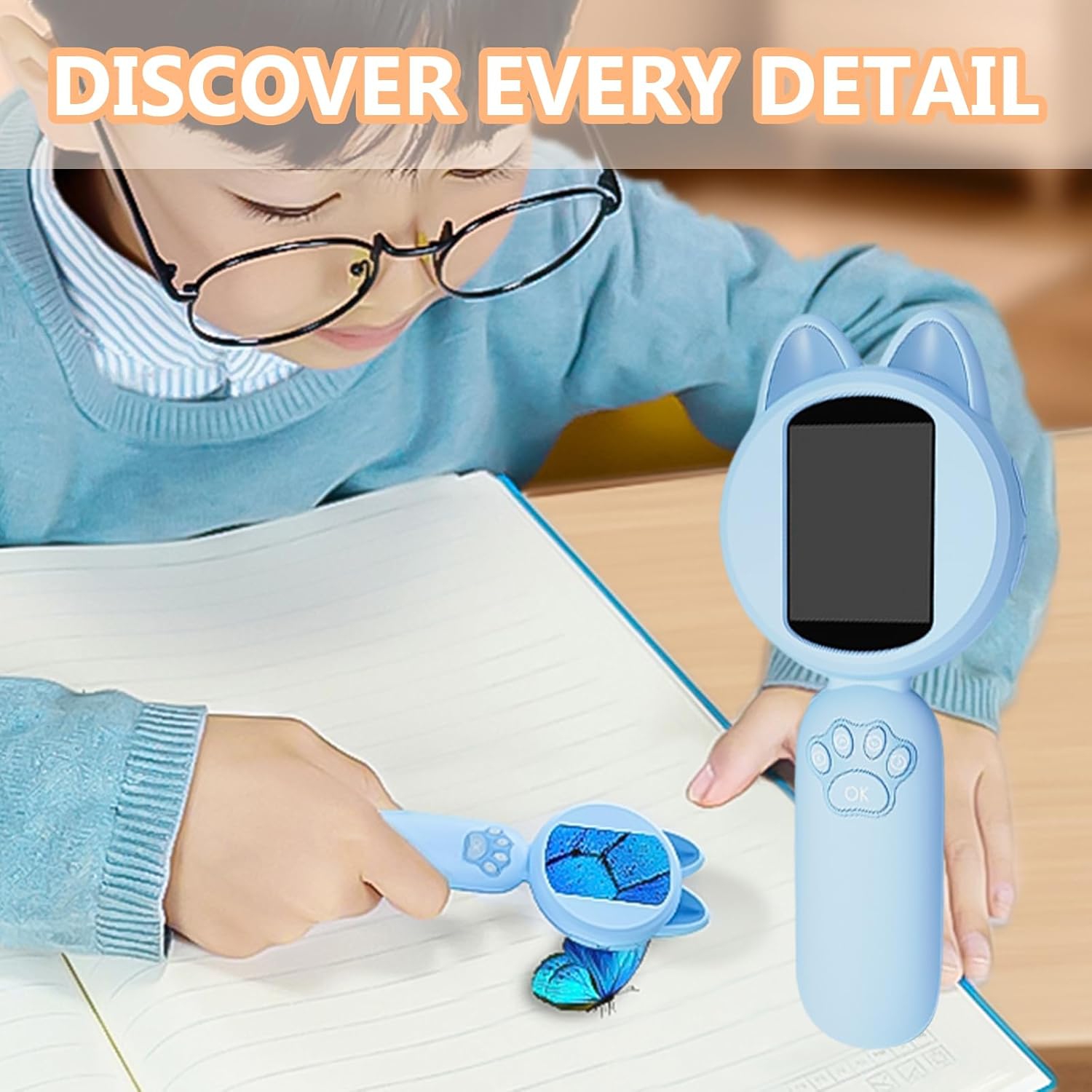 Children's portable digital microscope - 30W pixels, 2-inch HD screen, 8 LED lights, manual focus, adjustable magnification, support photo taking