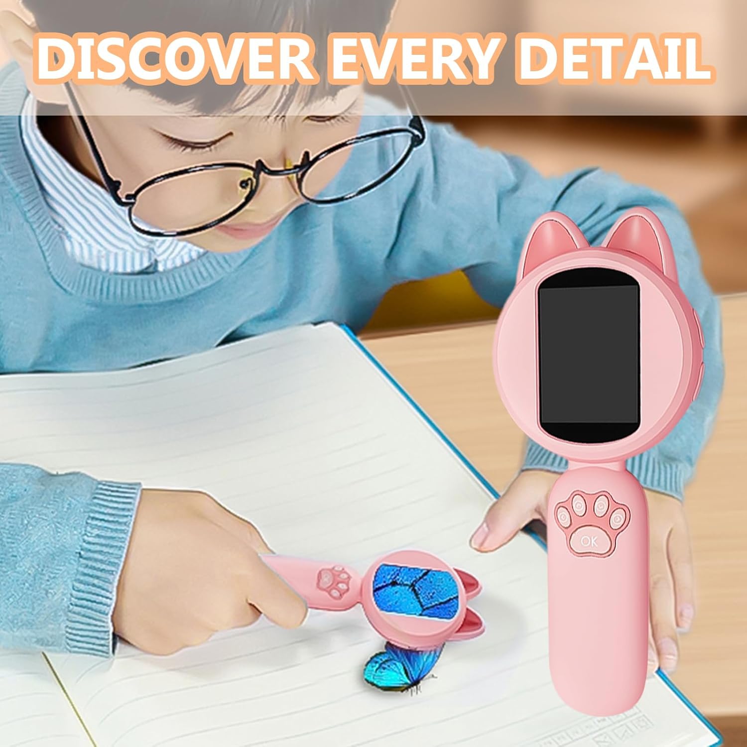 Children's portable digital microscope - 30W pixels, 2-inch HD screen, 8 LED lights, manual focus, adjustable magnification, support photo taking