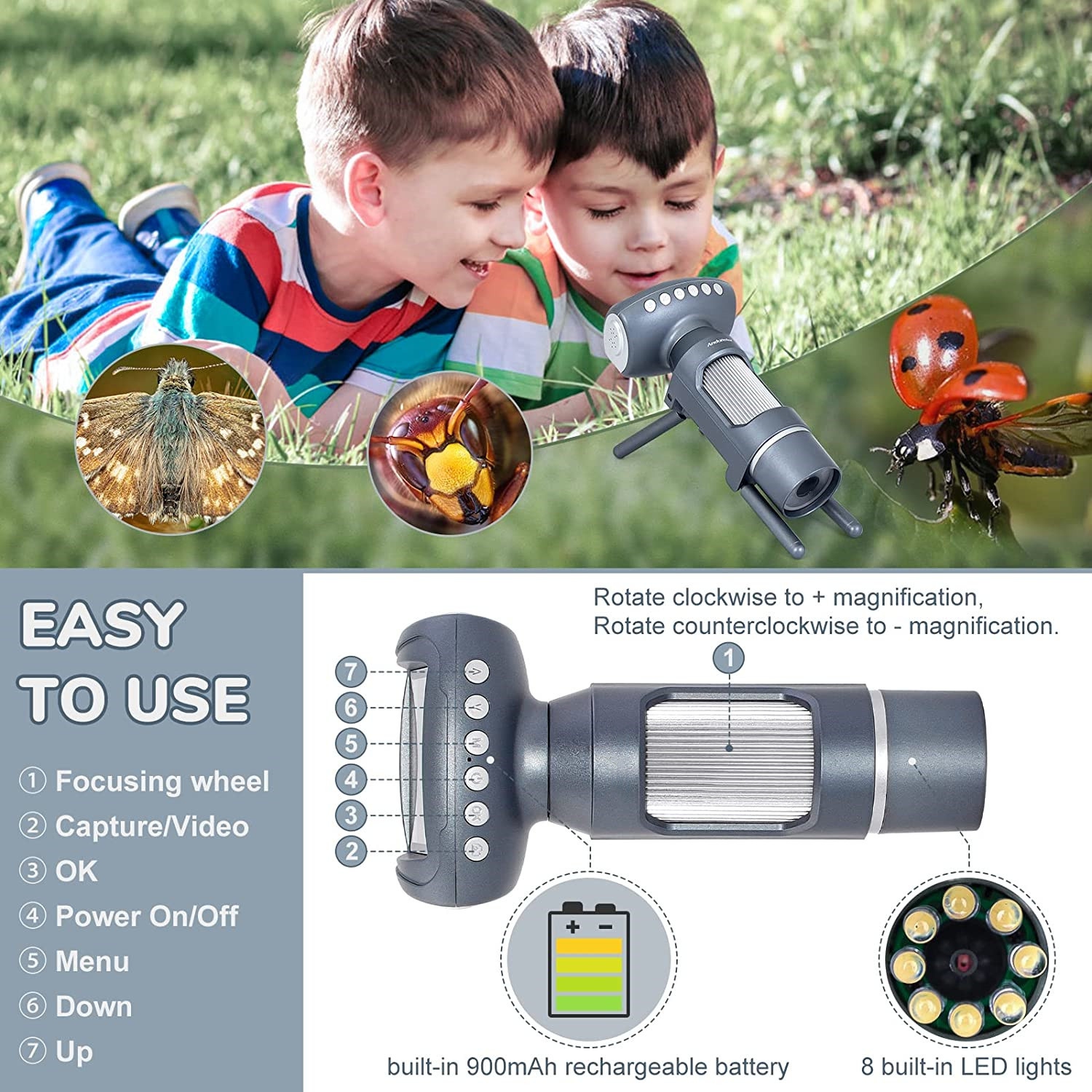 Children's HD digital microscope-2-inch large screen/200 times magnification/1080P video/8LED fill light/connectable to computer/silver+32G memory