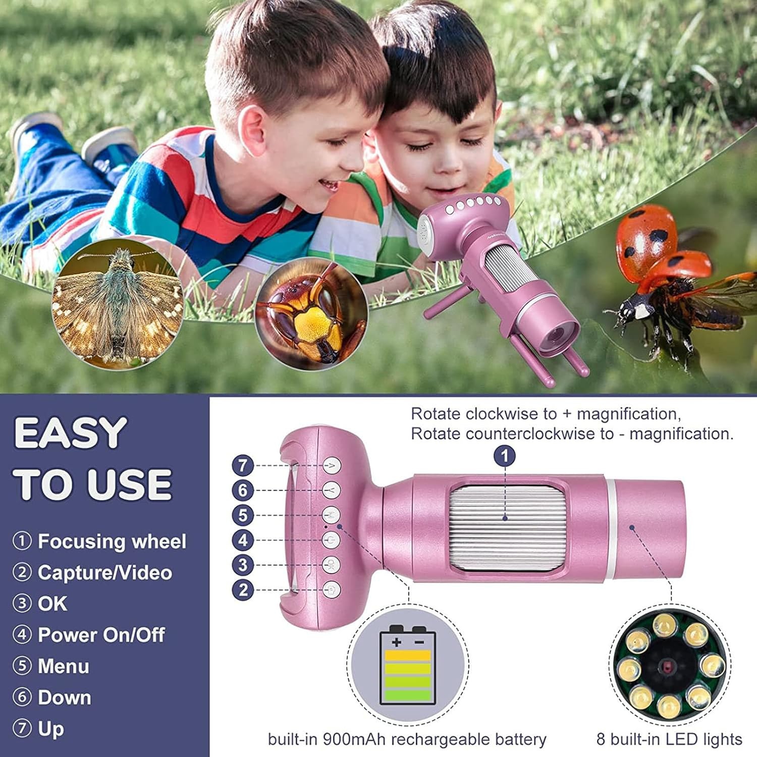 Microscope numérique HD pour enfants - grand écran 2&nbsp;po/grossissement 200 fois/vidéo 1080p/lampe d'appoint 8LED/connectable à un