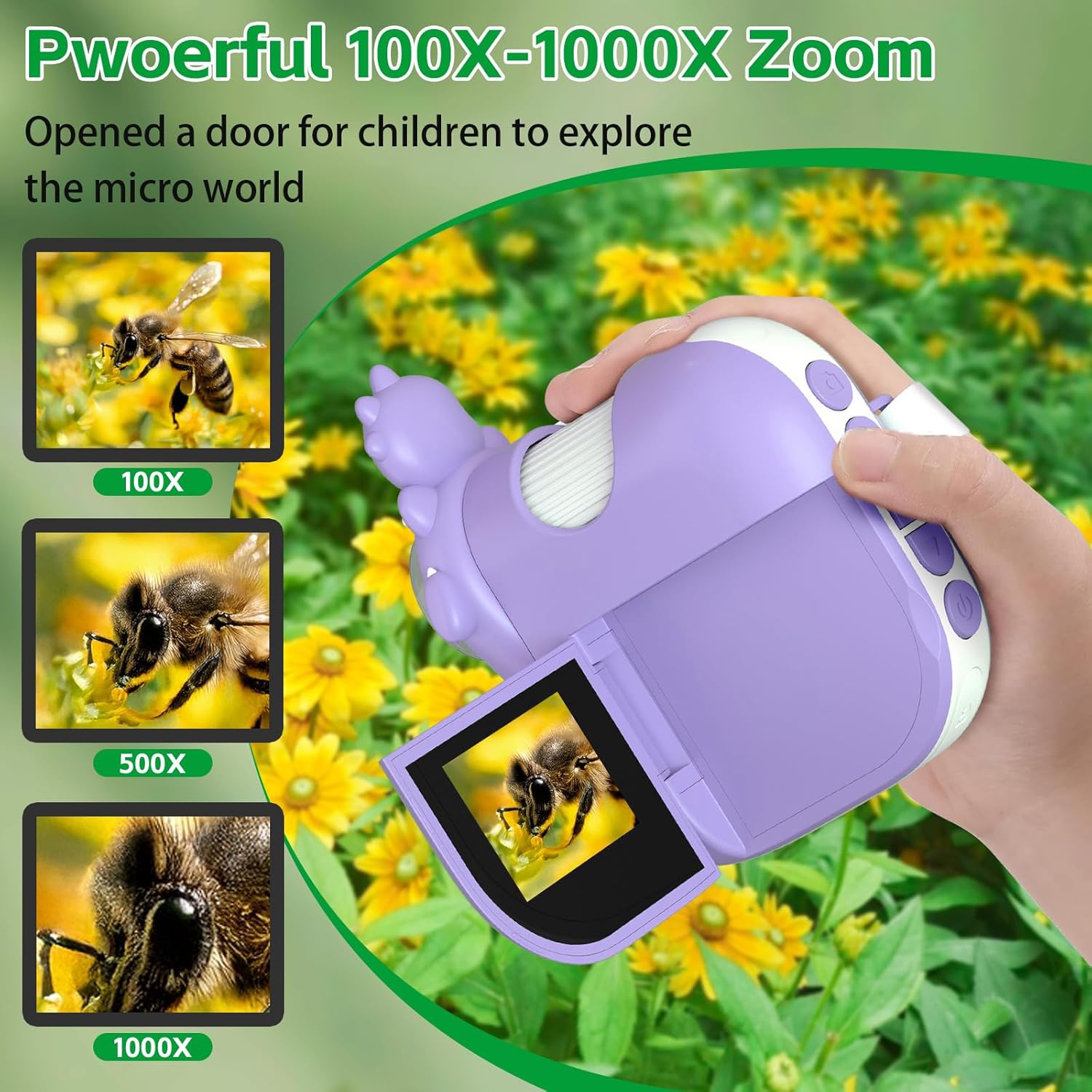 Children's HD portable microscope - 2 million pixels/1000 times magnification/2-inch IPS screen/8LED fill light/Type-C fast charging/capable of