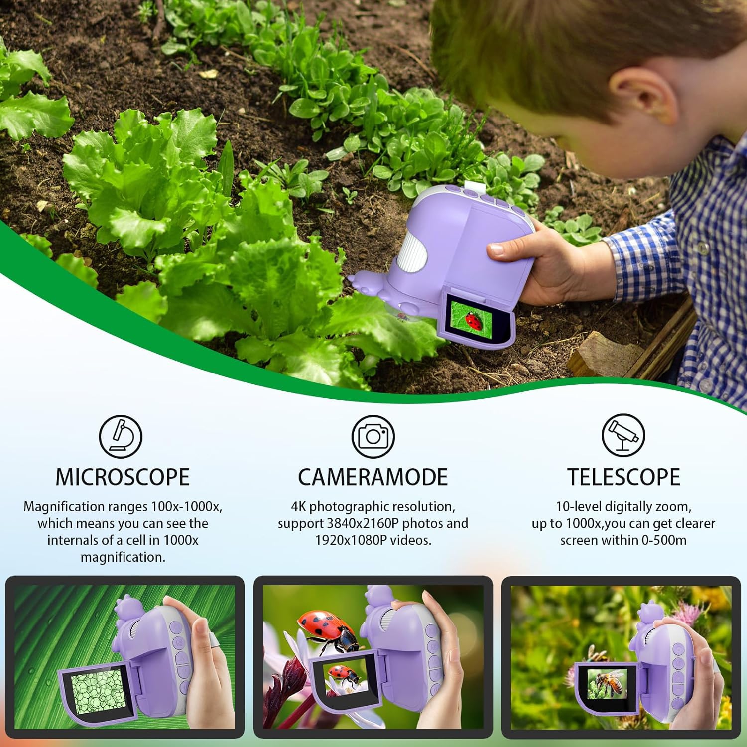 Children's HD portable microscope - 2 million pixels/1000 times magnification/2-inch IPS screen/8LED fill light/Type-C fast charging/capable of
