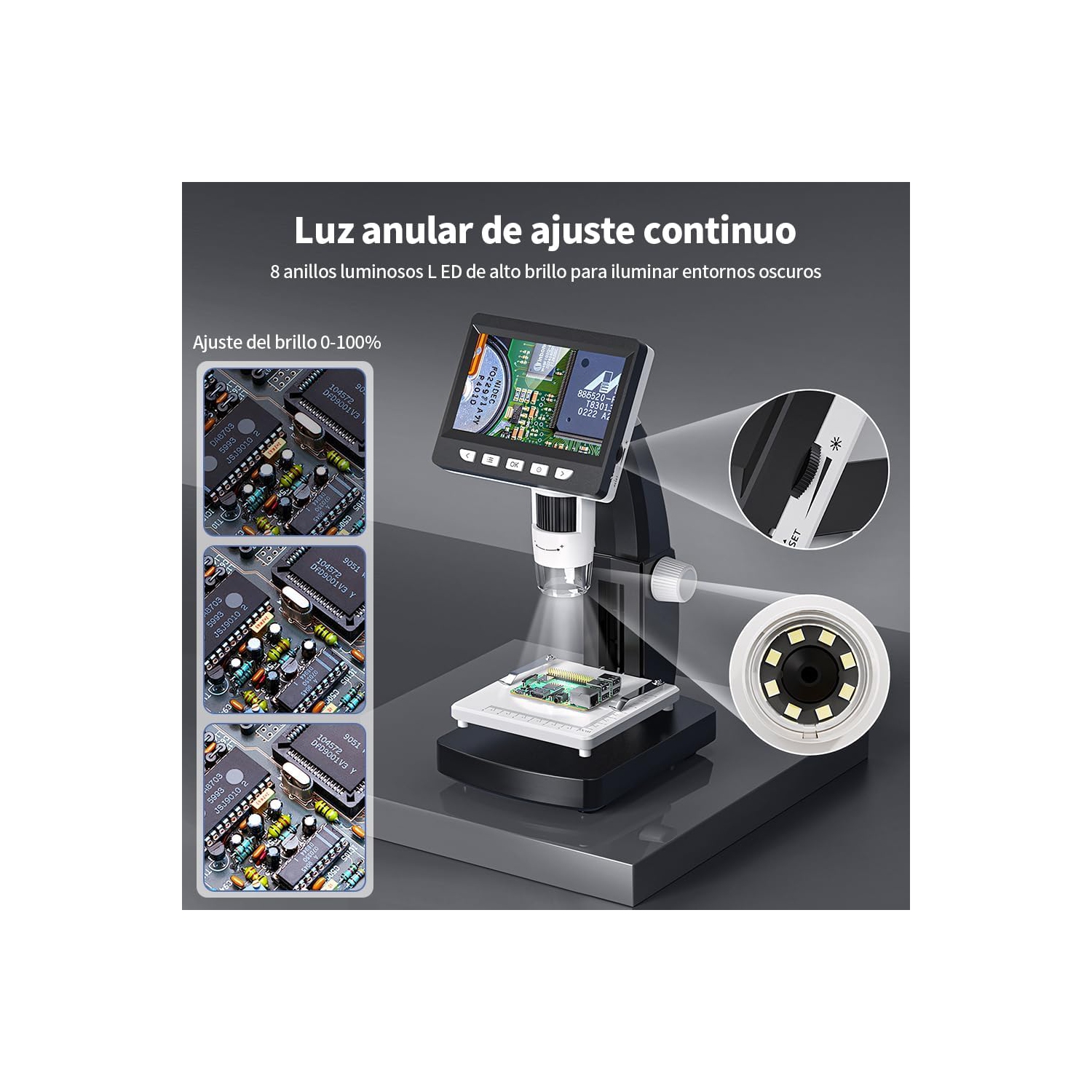 Microscope numérique professionnel HD - Écran IPS de 4,3&nbsp;po/grossissement 1000x/support en métal/gradation 8LED/platine relevable