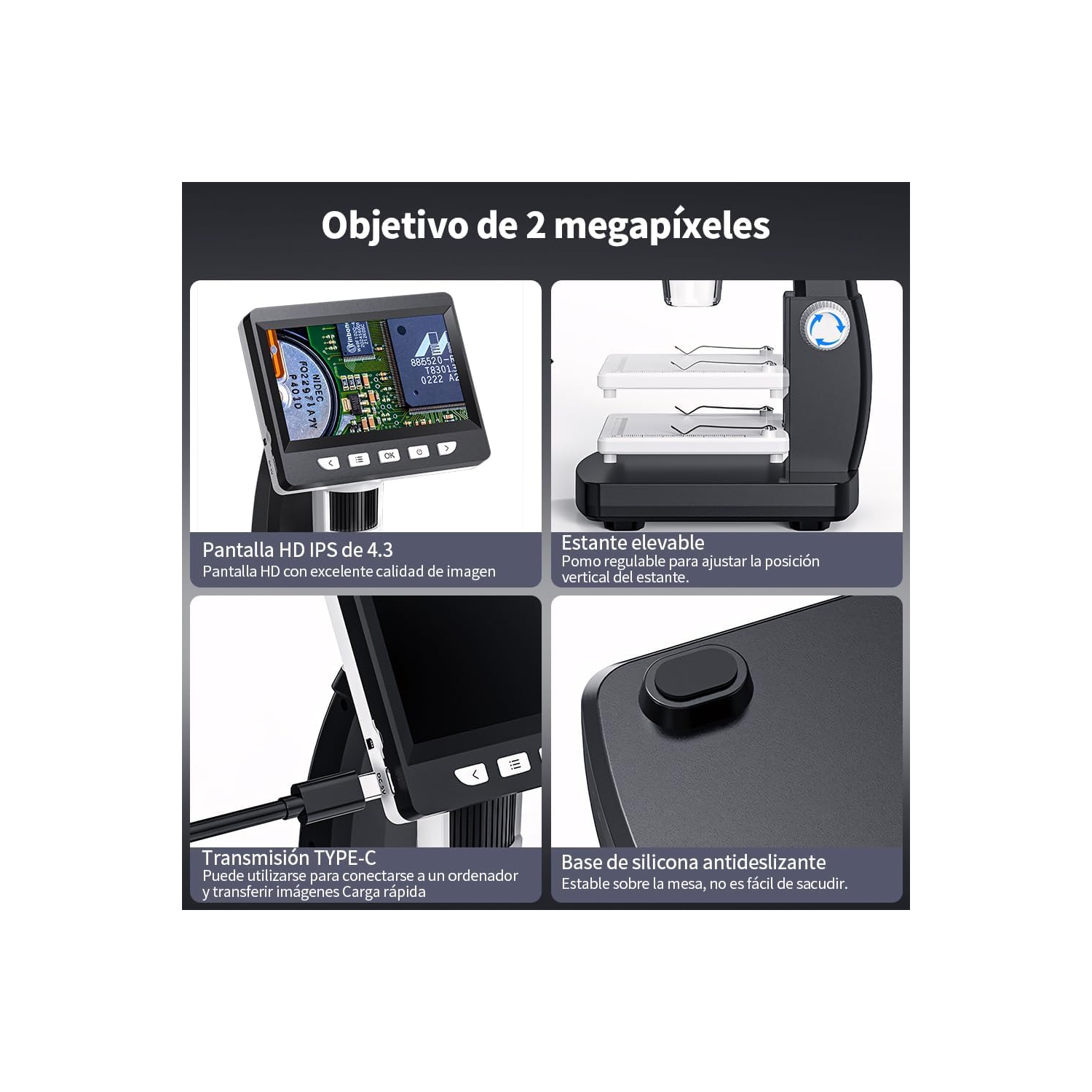 Microscope numérique professionnel HD - Écran IPS de 4,3&nbsp;po/grossissement 1000x/support en métal/gradation 8LED/platine relevable