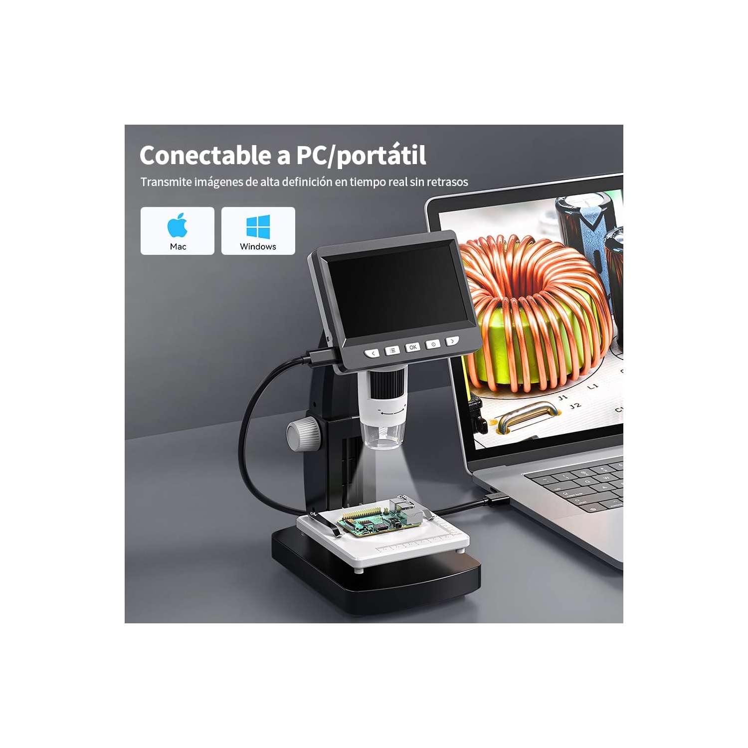 Microscope numérique professionnel HD - Écran IPS de 4,3&nbsp;po/grossissement 1000x/support en métal/gradation 8LED/platine relevable