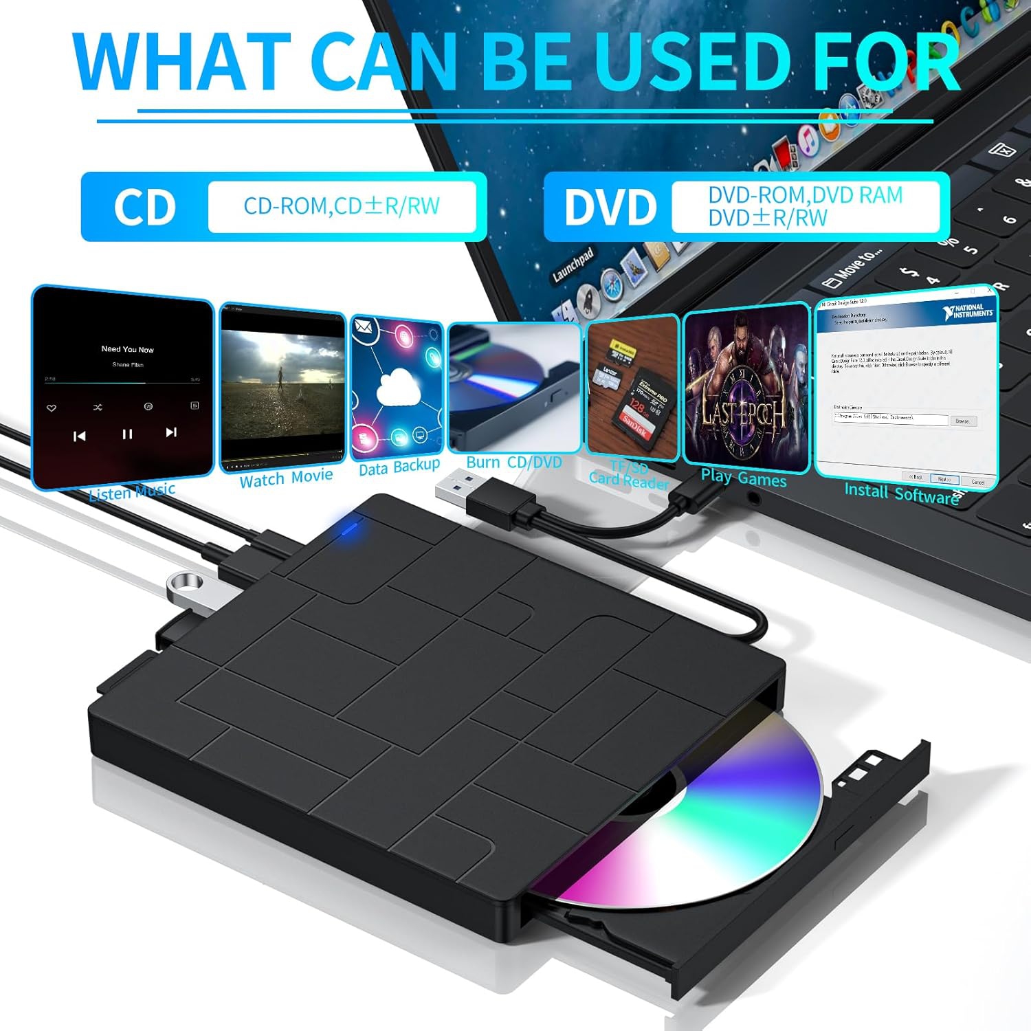 Lecteur optique externe ultramince USB 3.0 pour ordinateur portatif Lecteur et graveur DVD/CD universel