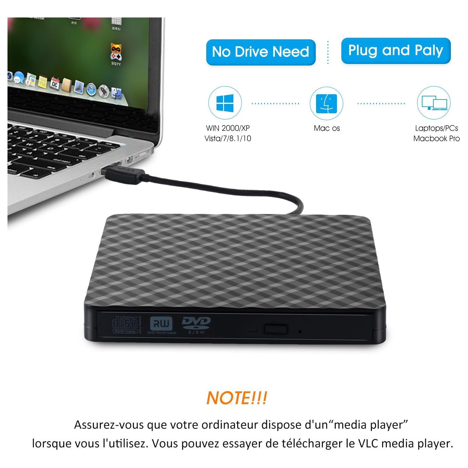 USB external DVD burner laptop external mobile optical drive portable optical disc burning drive - black