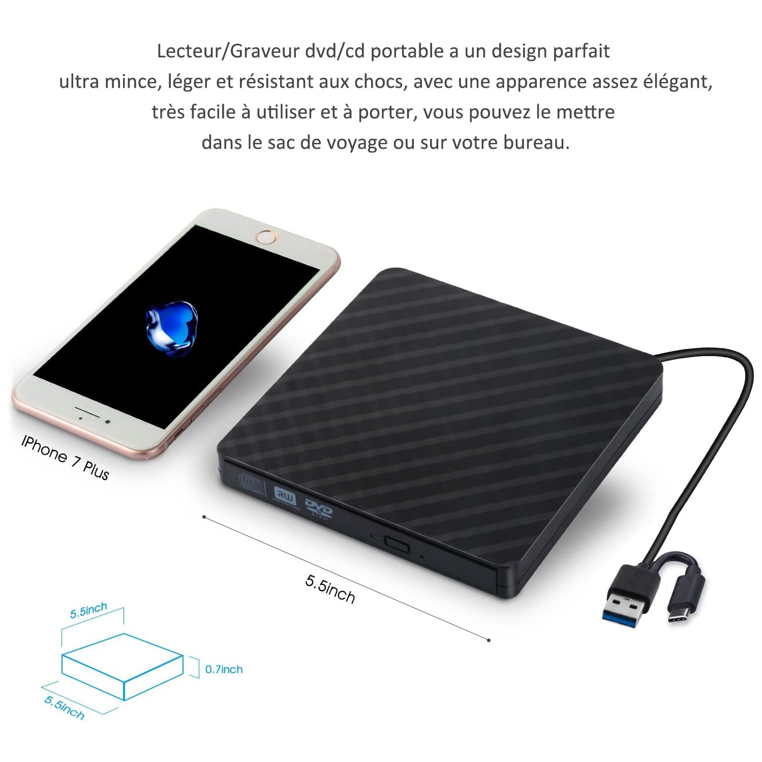 USB external DVD burner laptop external mobile optical drive portable optical disc burning drive - black