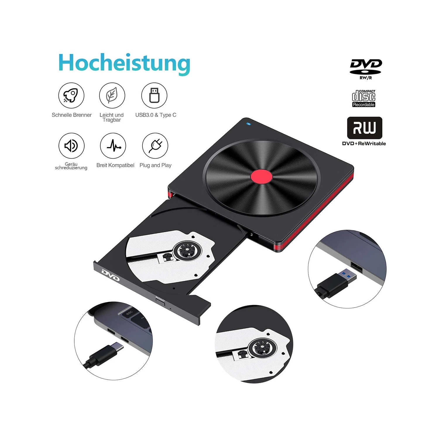 Graveur de disque optique externe USB Lecteur/graveur de CD/DVD portatif Compatible avec les ordinateurs de bureau et les portables Prêt à l'emploi