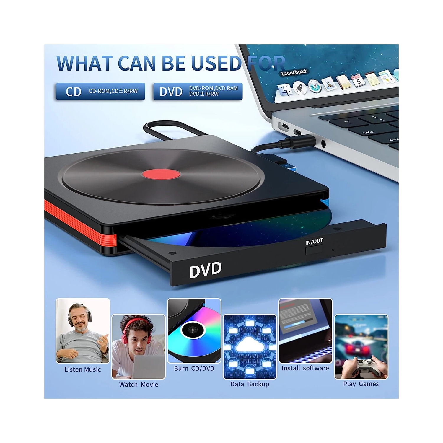 Graveur de disque optique externe USB Lecteur/graveur de CD/DVD portatif Compatible avec les ordinateurs de bureau et les portables Prêt à l'emploi