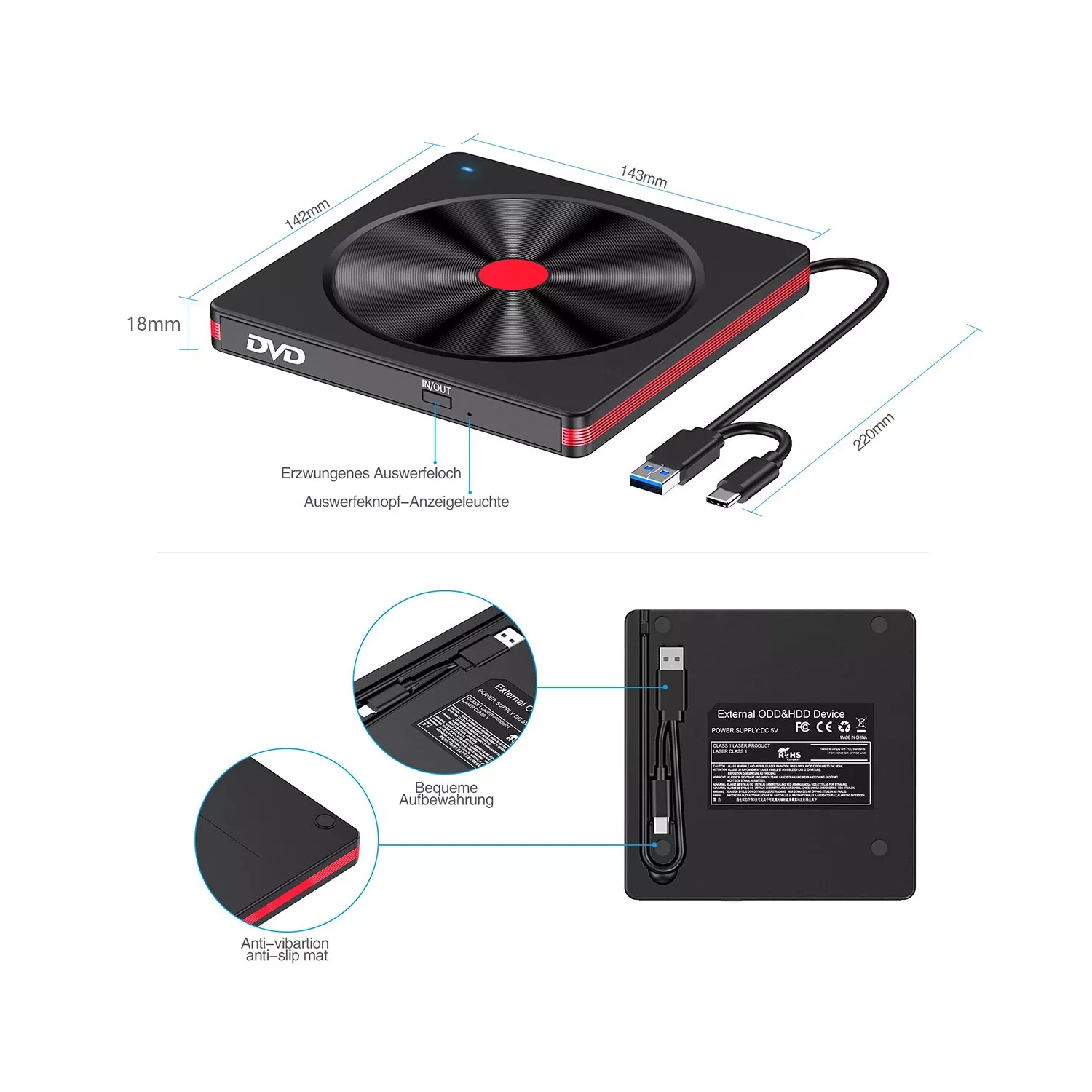 Graveur de disque optique externe USB Lecteur/graveur de CD/DVD portatif Compatible avec les ordinateurs de bureau et les portables Prêt à l'emploi