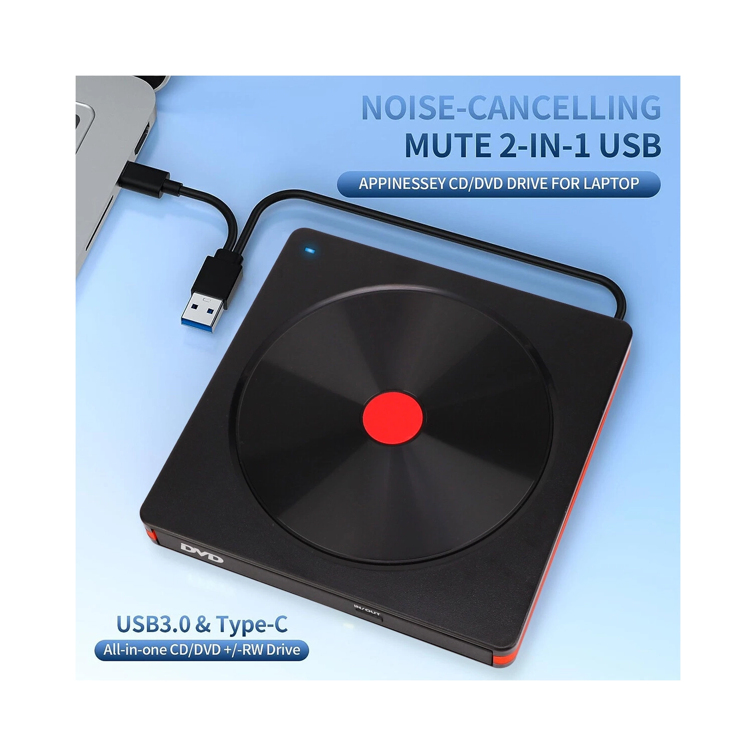 Graveur de disque optique externe USB Lecteur/graveur de CD/DVD portatif Compatible avec les ordinateurs de bureau et les portables Prêt à l'emploi