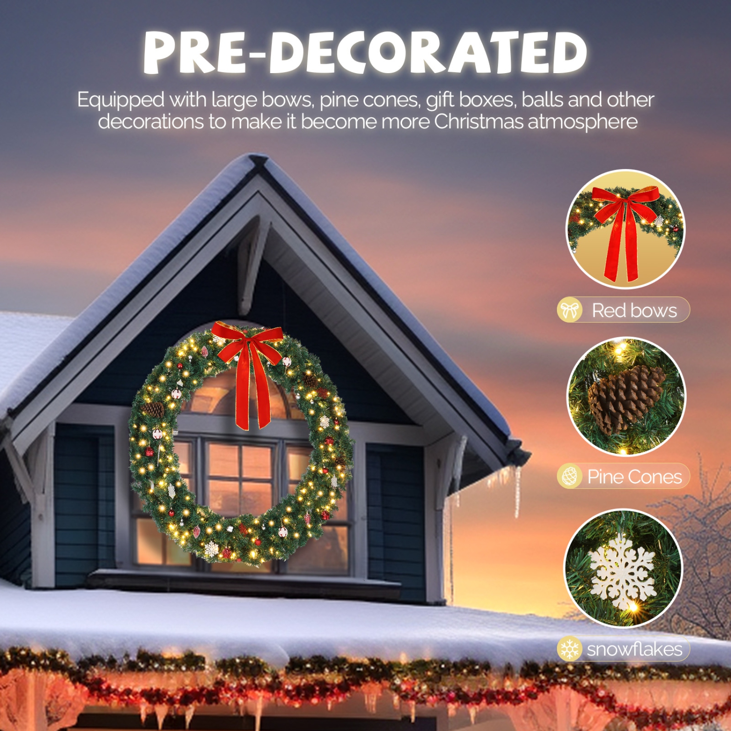 Karl Home PVC Christmas Wreath with Lights and Red Bow