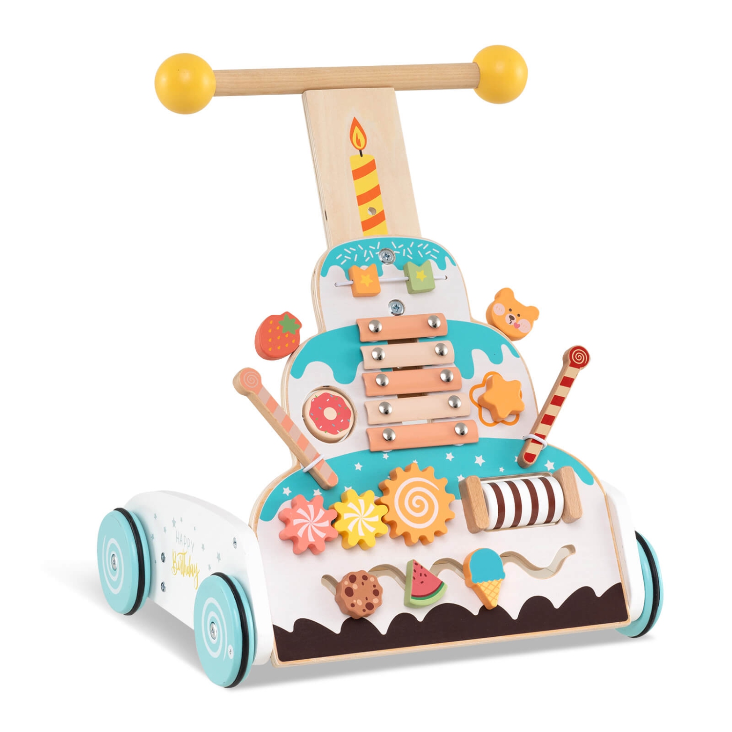 Costway Wooden Baby Walker Ice Cream Cart Toy with Sweet Accessories & Smooth Wheels