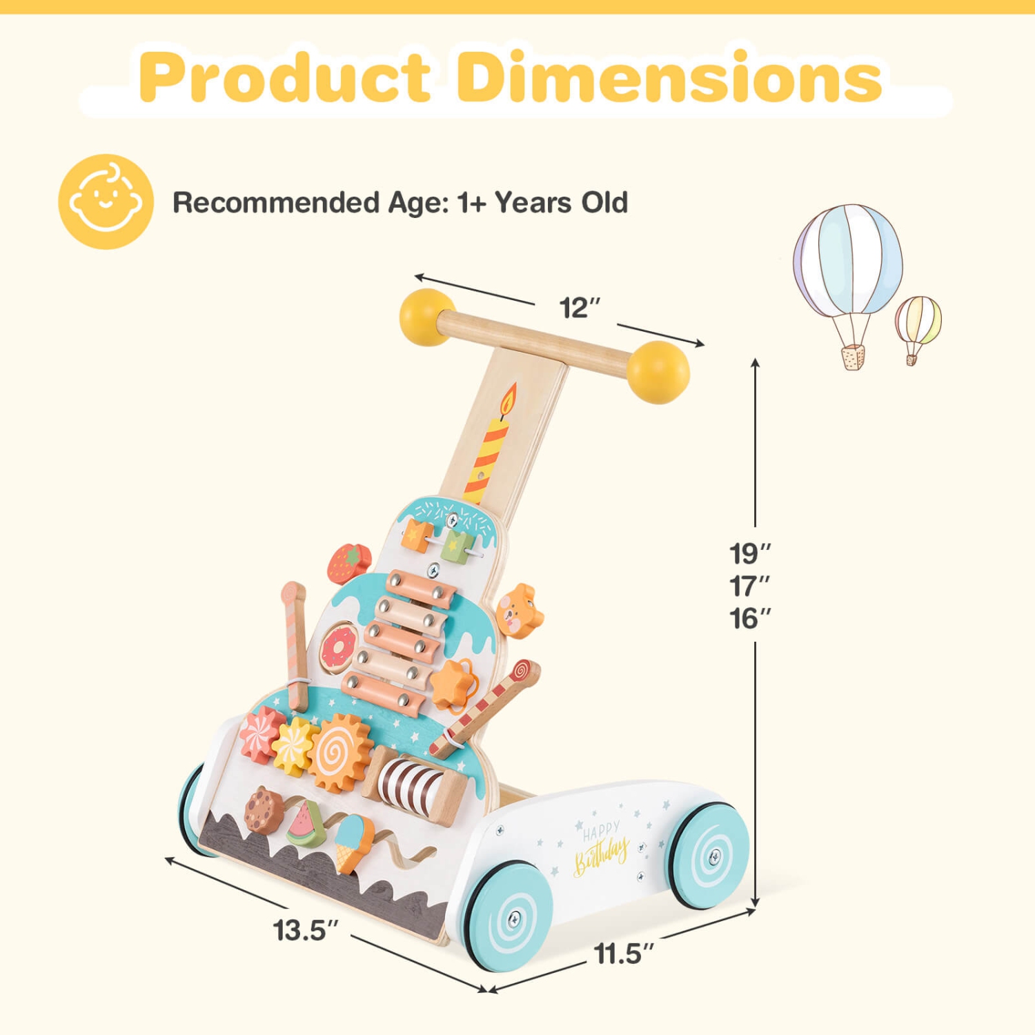 Costway Wooden Baby Walker Ice Cream Cart Toy with Sweet Accessories & Smooth Wheels