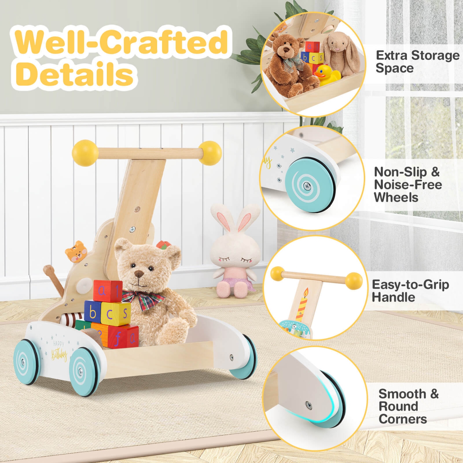 Costway Wooden Baby Walker Ice Cream Cart Toy with Sweet Accessories & Smooth Wheels