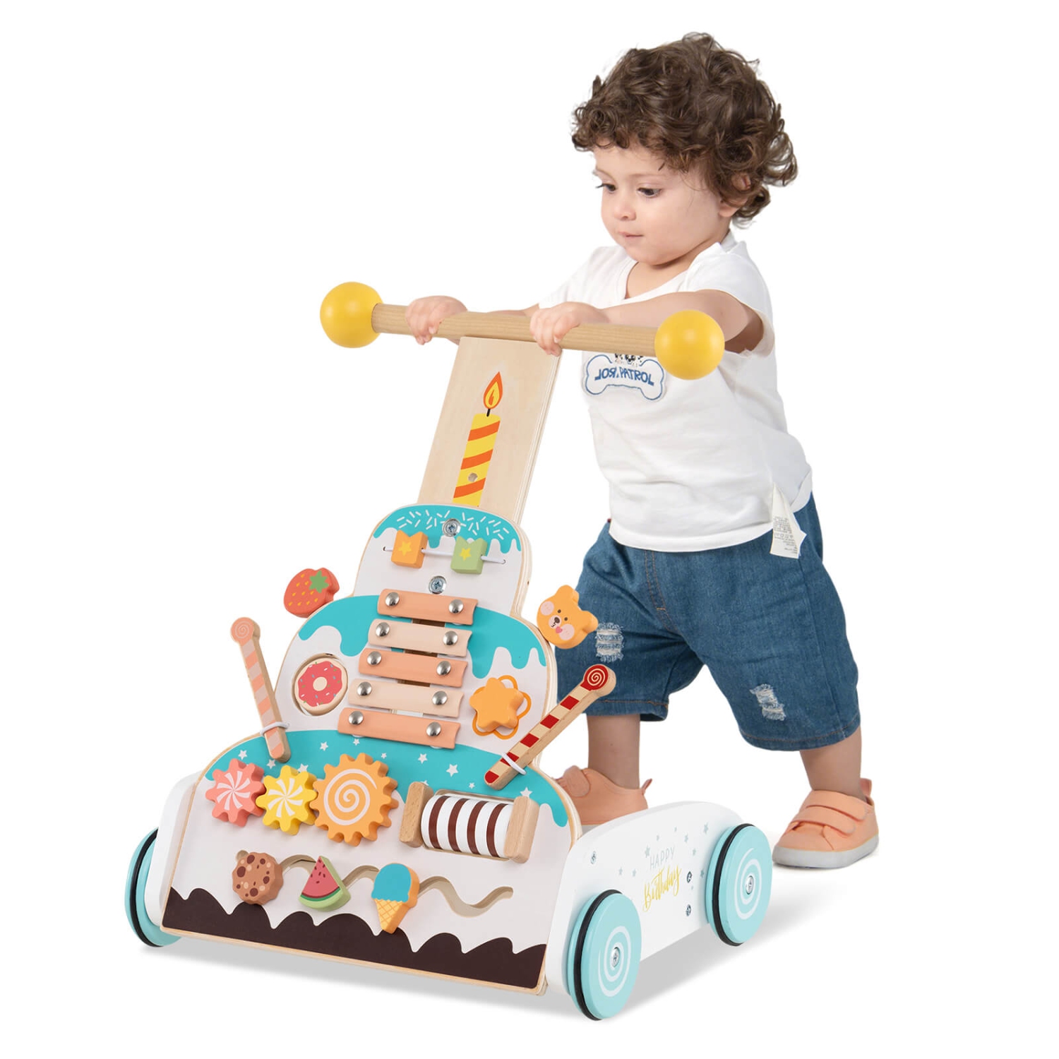 Costway Wooden Baby Walker Ice Cream Cart Toy with Sweet Accessories & Smooth Wheels