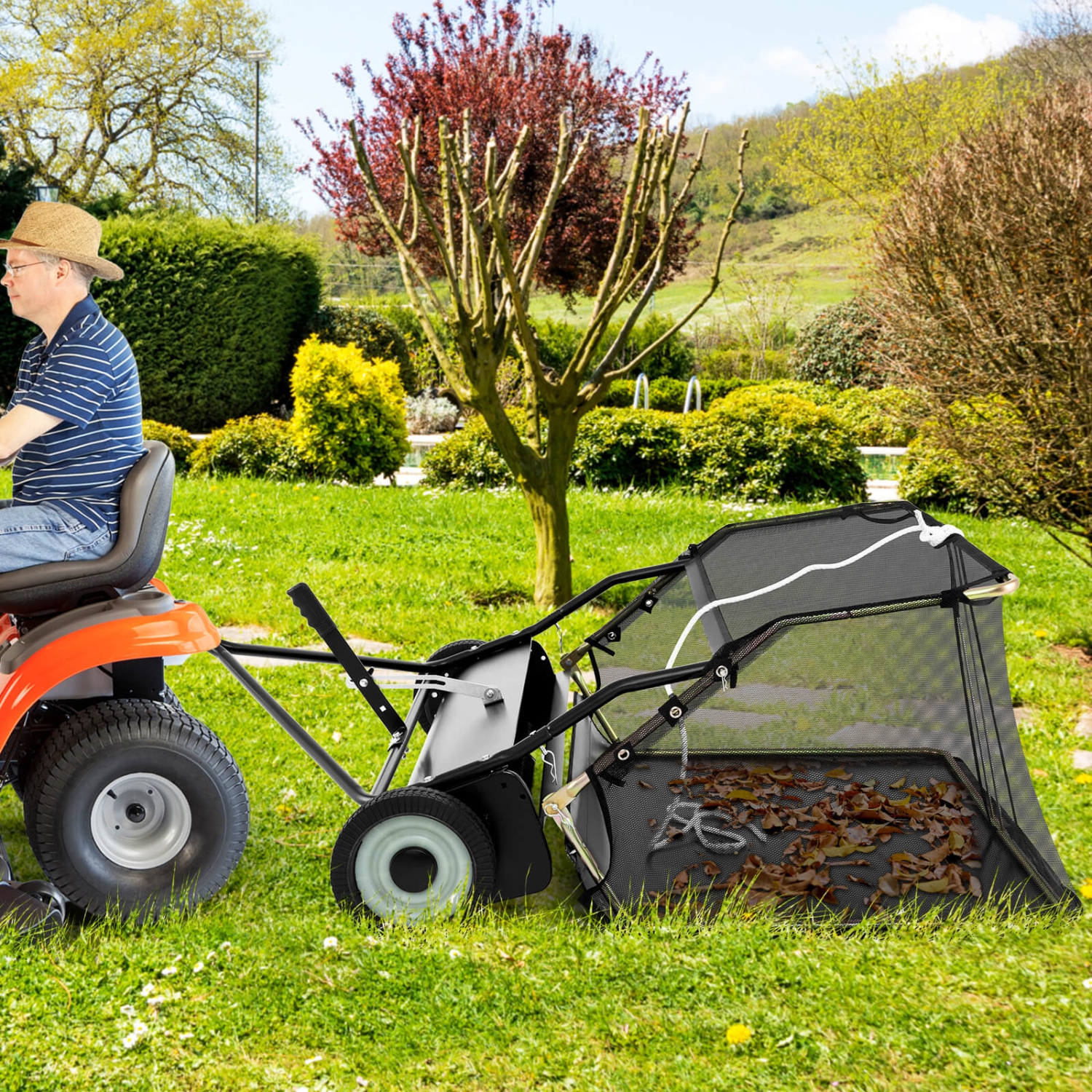 Costway 48" Tow-Behind Lawn Sweeper with 27 Cu.FT Large-Capacity Hopper Bag for Yard
