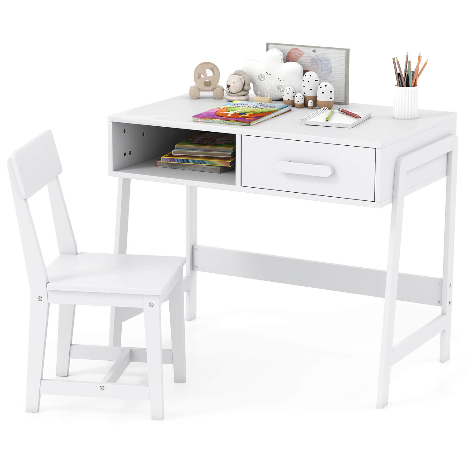 Ensemble bureau et chaise pour enfants de Costway avec tiroir de rangement et étagère, ensemble bureau d'étudiant brun/rose/blanc/noir