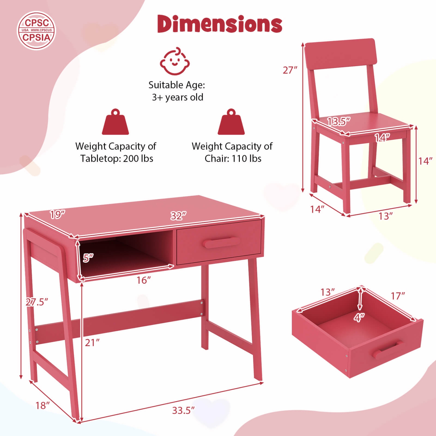 Costway Kids Desk and Chair Set with Storage Drawer and Hutch, Student Writing Desk Set Brown/Pink/White/Black