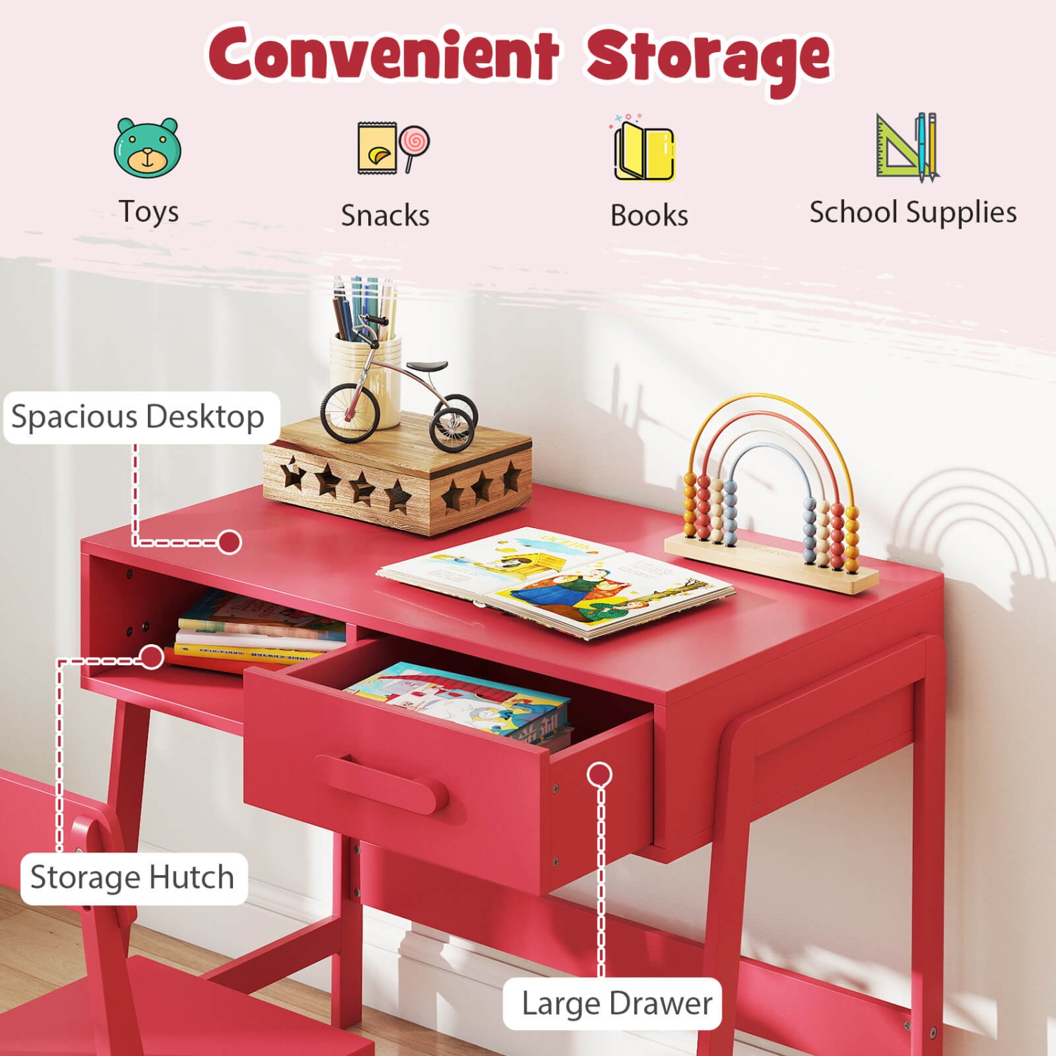 Costway Kids Desk and Chair Set with Storage Drawer and Hutch, Student Writing Desk Set Brown/Pink/White/Black