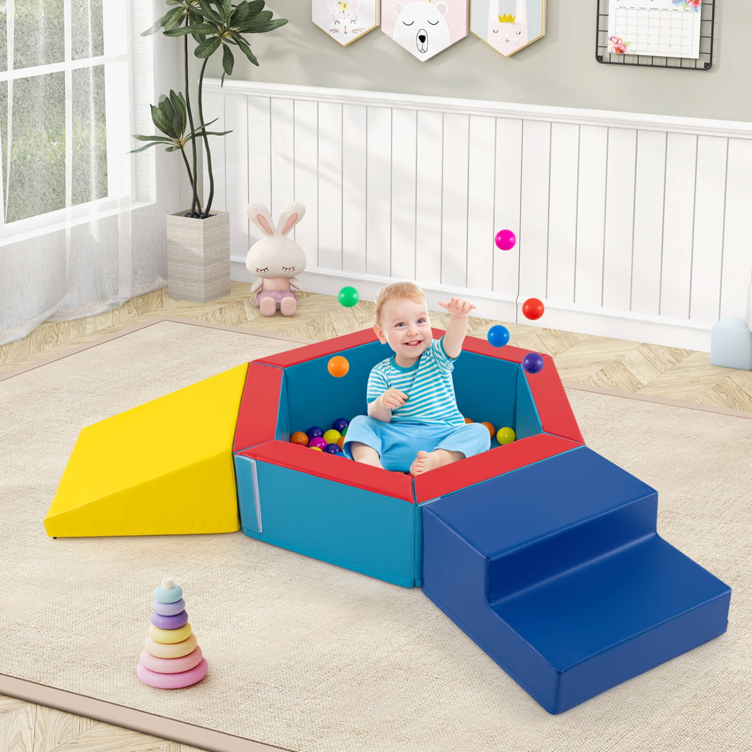 Blocs d'escalade en mousse pour bébé 3 PCS avec escalier triangulaire à foyer à balles de Costway, 100 balles océan bleu/multicolore
