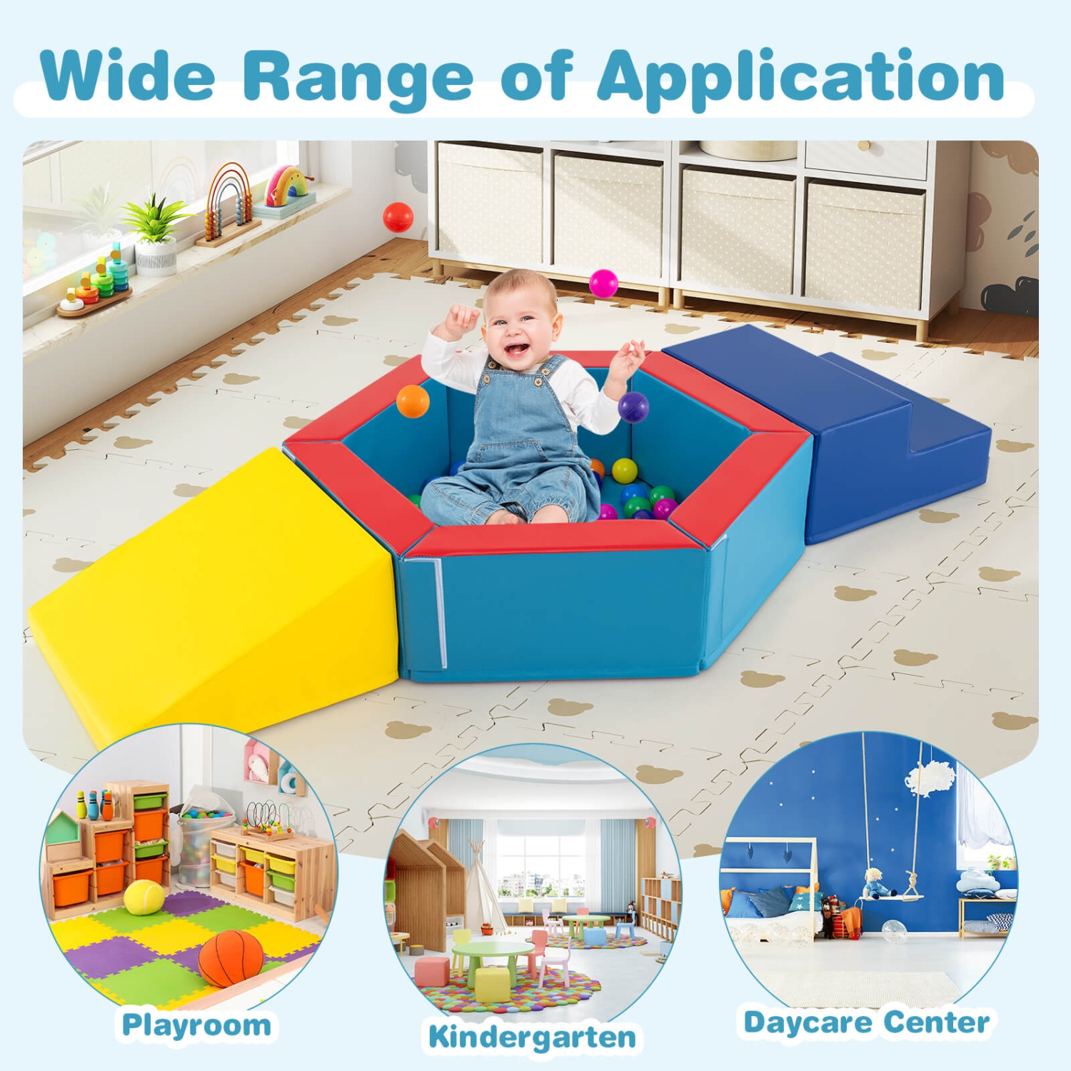 Blocs d'escalade en mousse pour bébé 3 PCS avec escalier triangulaire à foyer à balles de Costway, 100 balles océan bleu/multicolore