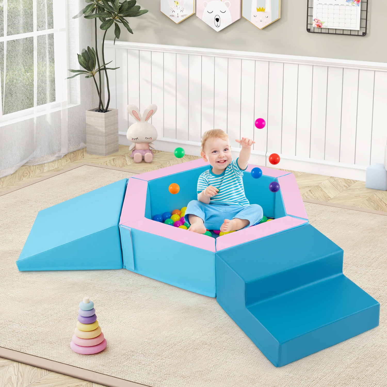 Blocs d'escalade en mousse pour bébé 3 PCS avec escalier triangulaire à foyer à balles de Costway, 100 balles océan bleu/multicolore