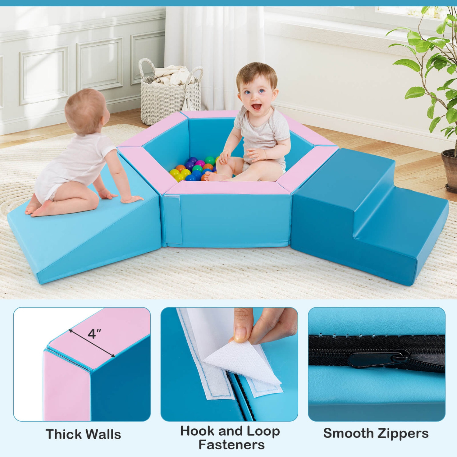 Blocs d'escalade en mousse pour bébé 3 PCS avec escalier triangulaire à foyer à balles de Costway, 100 balles océan bleu/multicolore