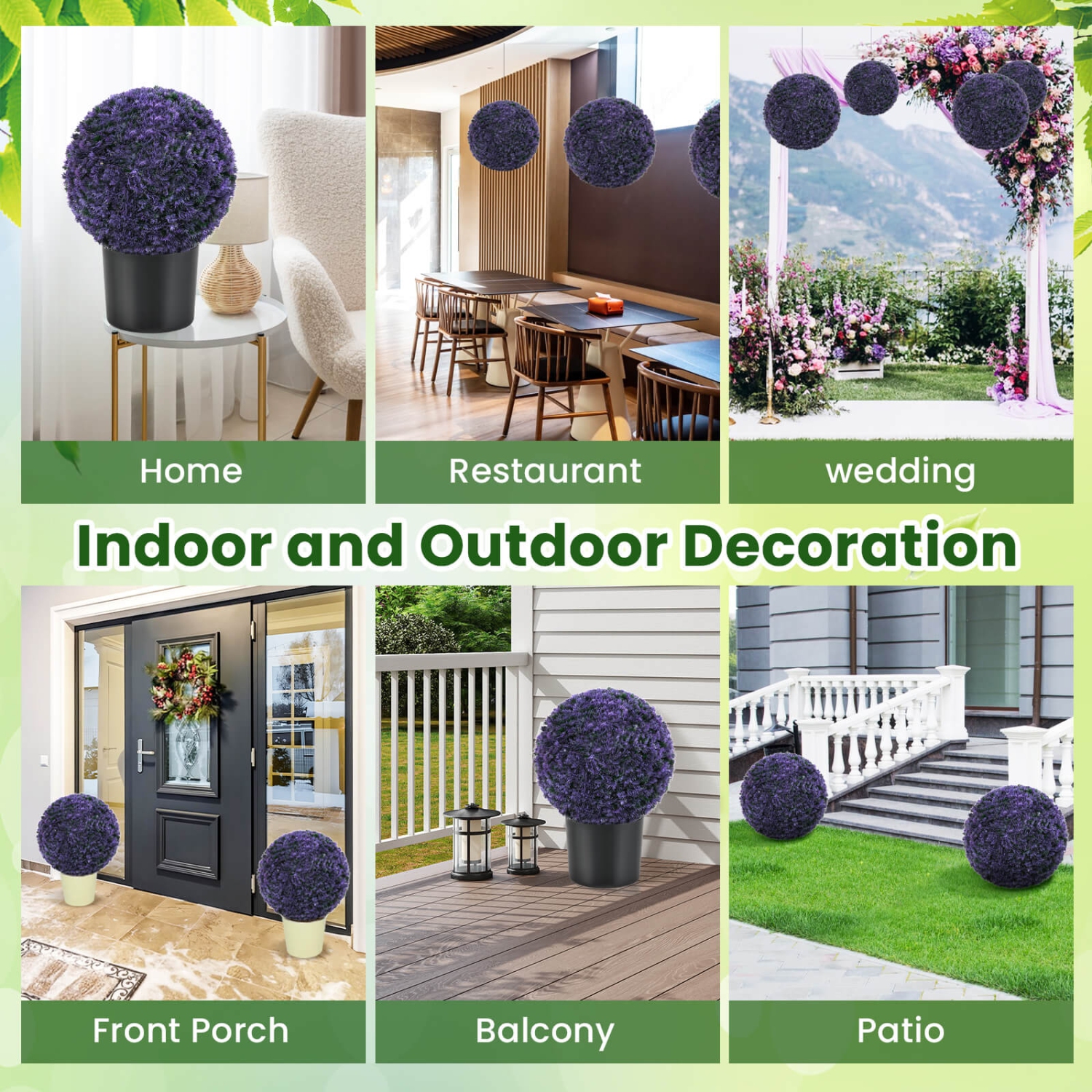 Costway 2 PCS 15" Artificial Plant Boxwood Topiary Ball Faux Lavender Decorative Balls