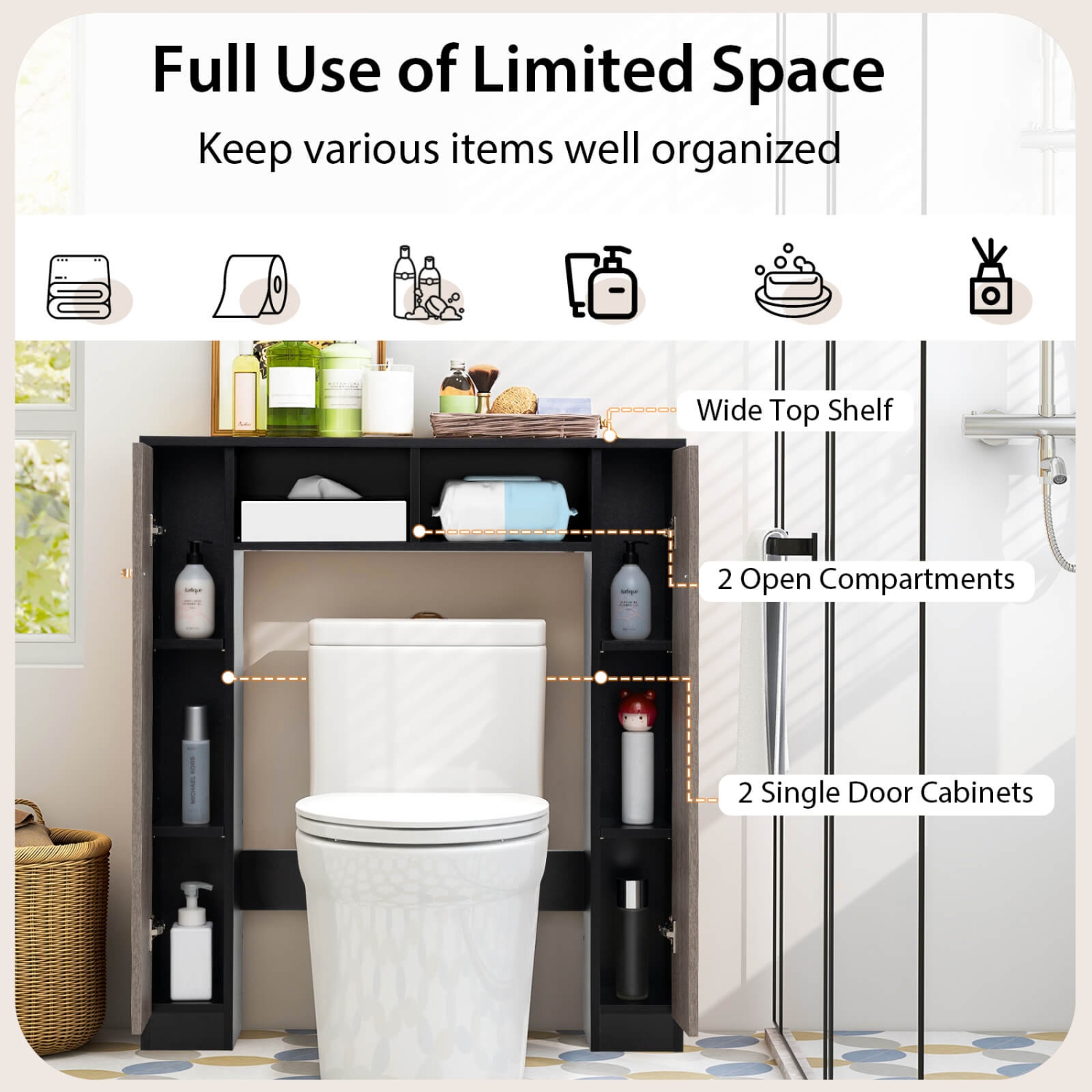 Costway Over The Toilet Storage Cabinet Double Door Bathroom Toilet Storage Organizer