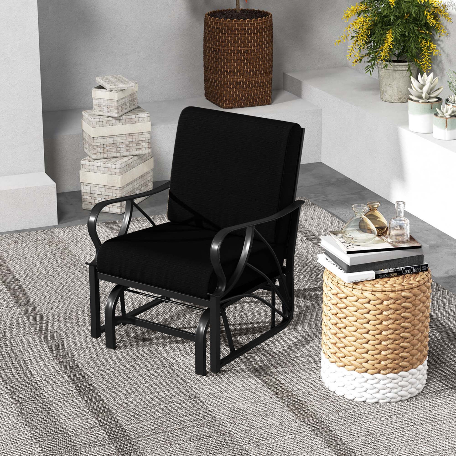 Chaise berçante de patio Costway avec coussin cadre métal robuste coulissant extérieur lisse noir-gris-bleu marine