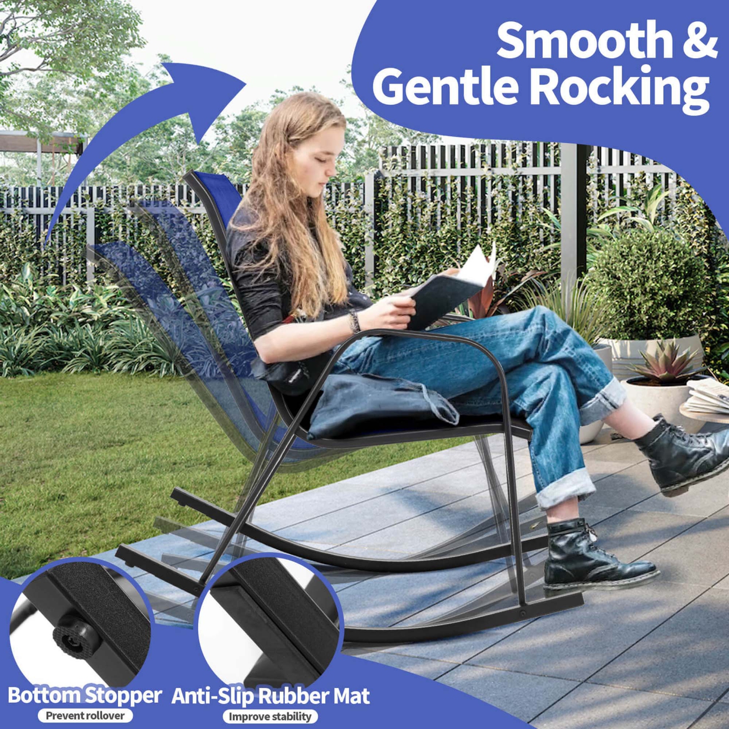 Costway 2/4 PCS Patio Rocking Chair Heavy-Duty Metal Rocker Outdoor Anti-Slip Navy