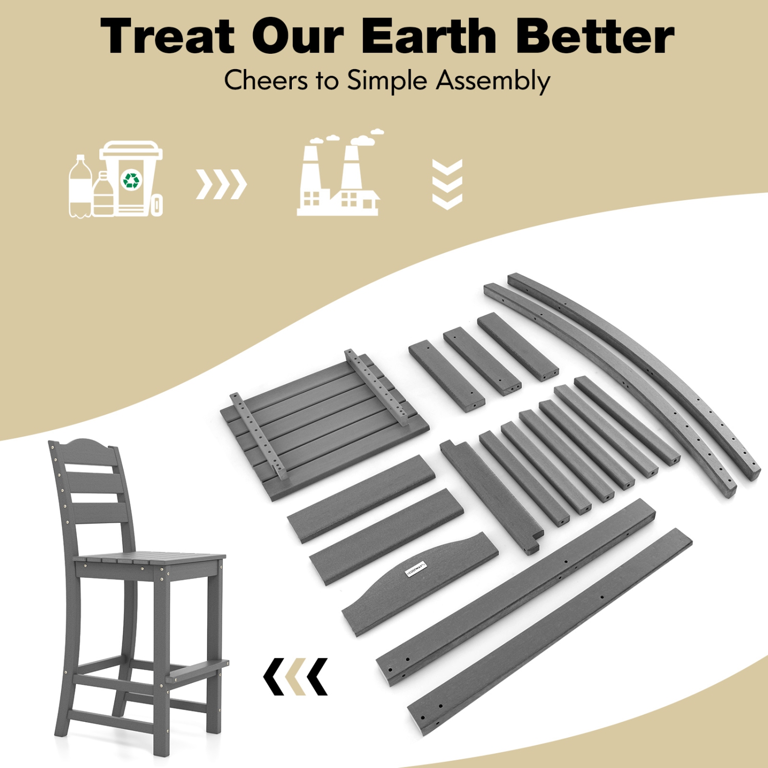 Costway Outdoor 1/4PCS HDPE Bar Stool Patio Tall Chair Backrest Footrest All Weather Gray/Turquoise