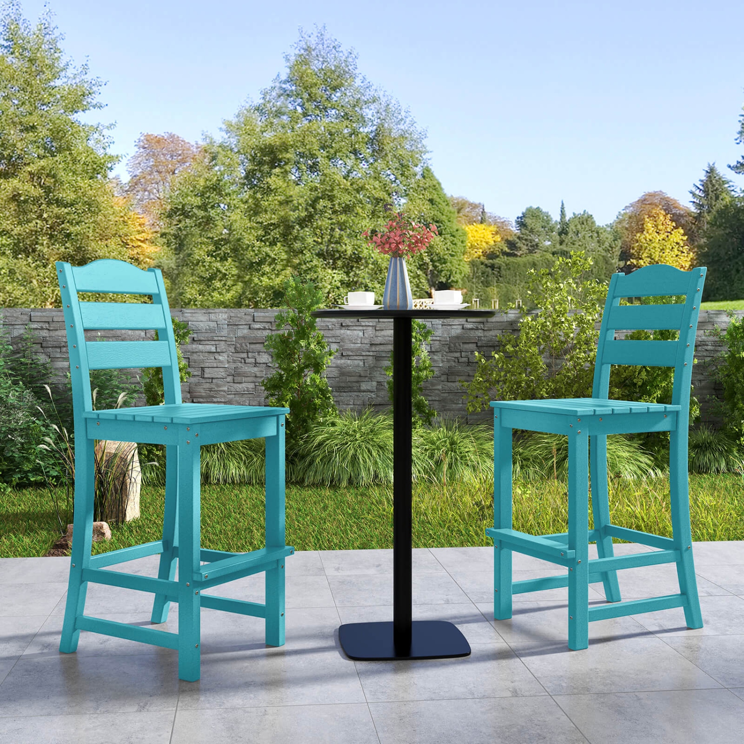 Costway Outdoor 1/4PCS Tabouret de bar en PEHD Chaise haute Dossier Repose-pieds résistant aux intempéries Gris/Turquoise
