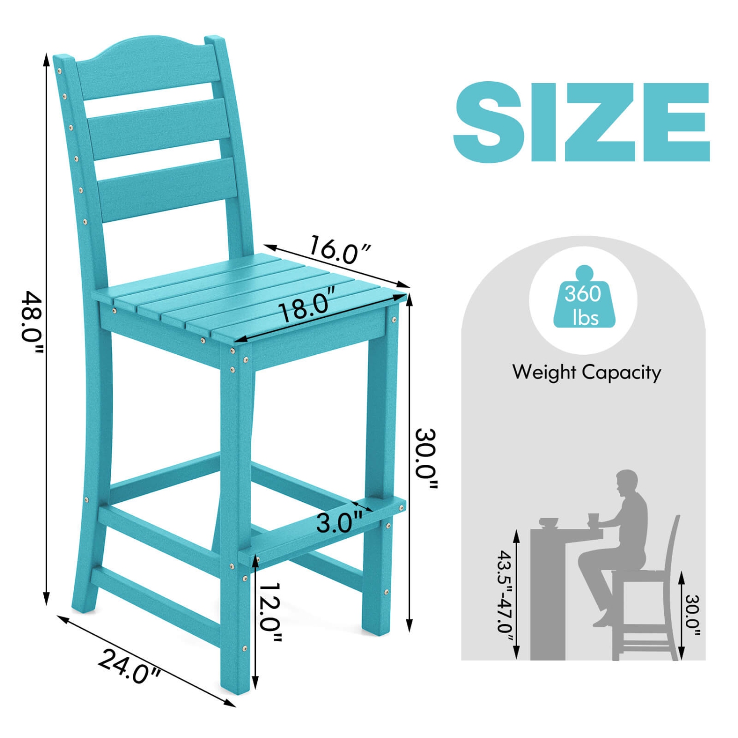 Costway Outdoor 1/4PCS Tabouret de bar en PEHD Chaise haute Dossier Repose-pieds résistant aux intempéries Gris/Turquoise