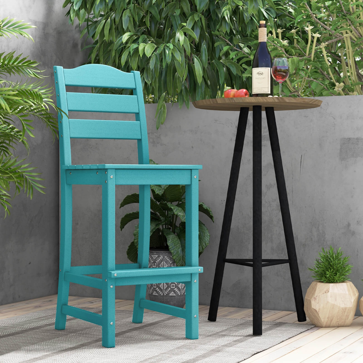 Costway Outdoor 1/4PCS Tabouret de bar en PEHD Chaise haute Dossier Repose-pieds résistant aux intempéries Gris/Turquoise