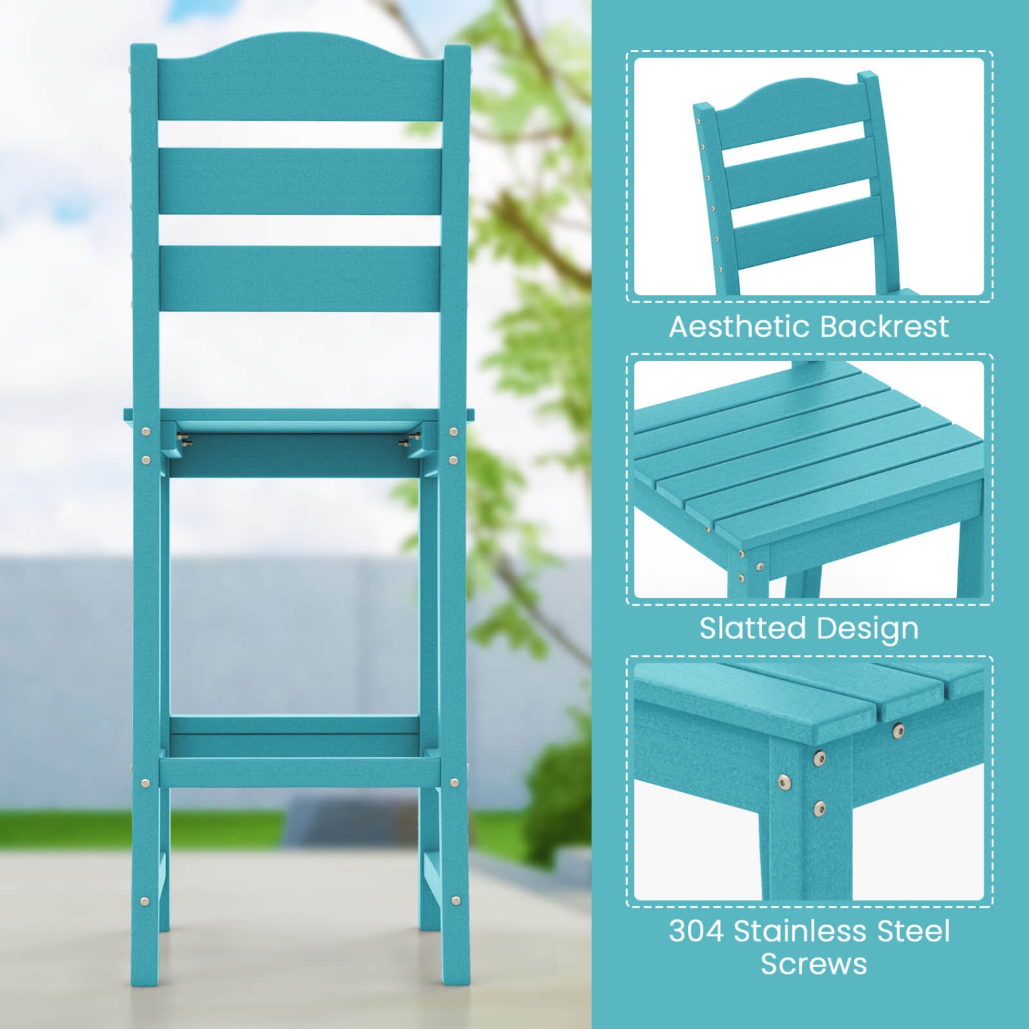 Costway Outdoor 1/4PCS Tabouret de bar en PEHD Chaise haute Dossier Repose-pieds résistant aux intempéries Gris/Turquoise