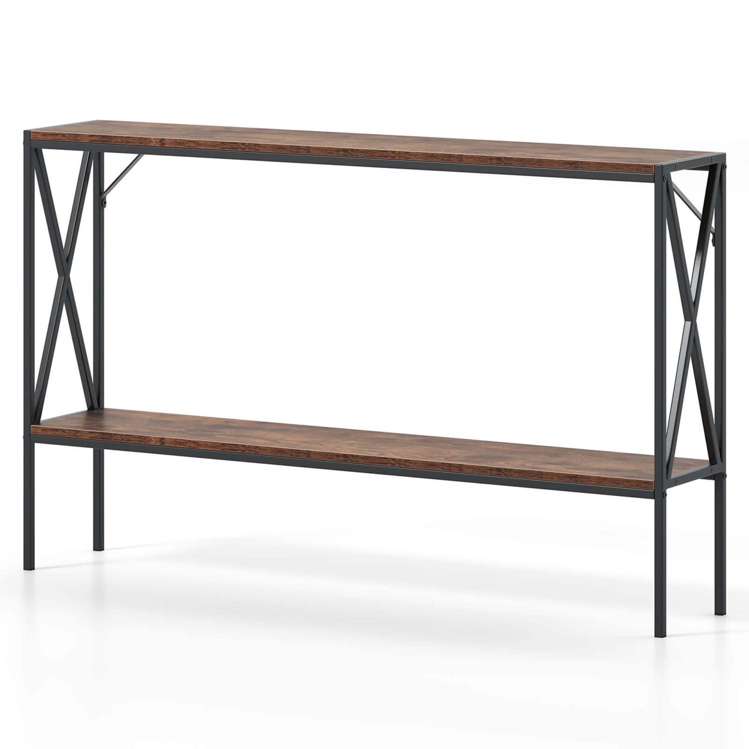 Costway Narrow Console Table 2-Tier Entryway Table with Storage 2 Support Bars Sofa Table Brown/White
