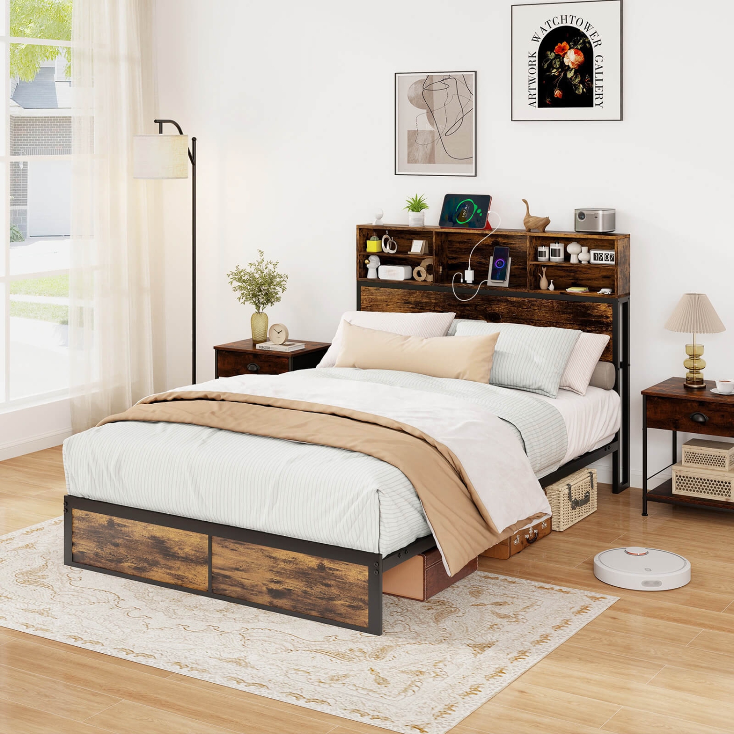Costway Twin/Queen/King/Full Bed Frame with Charging Station Storage Headboard Under-bed Storage Space