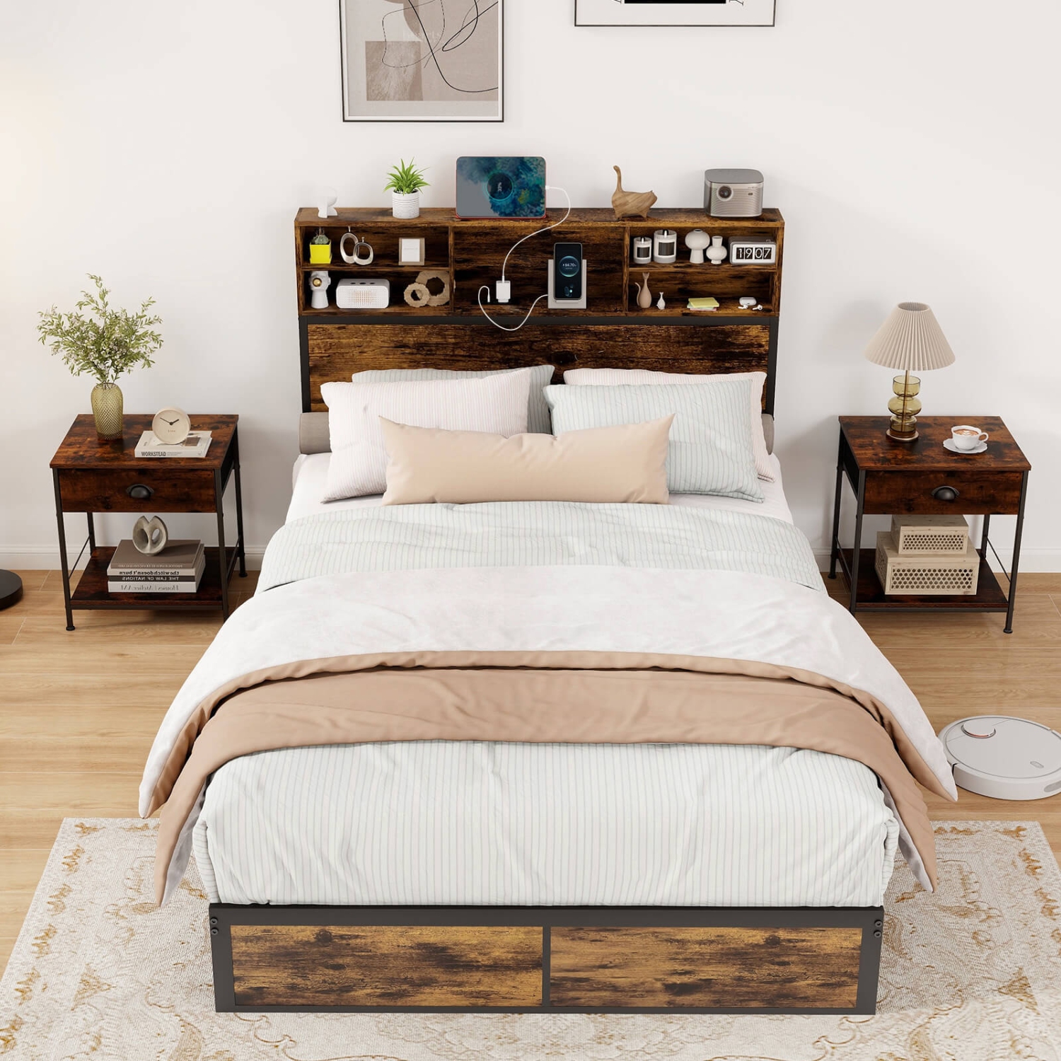 Costway Twin/Queen/King/Full Bed Frame with Charging Station Storage Headboard Under-bed Storage Space