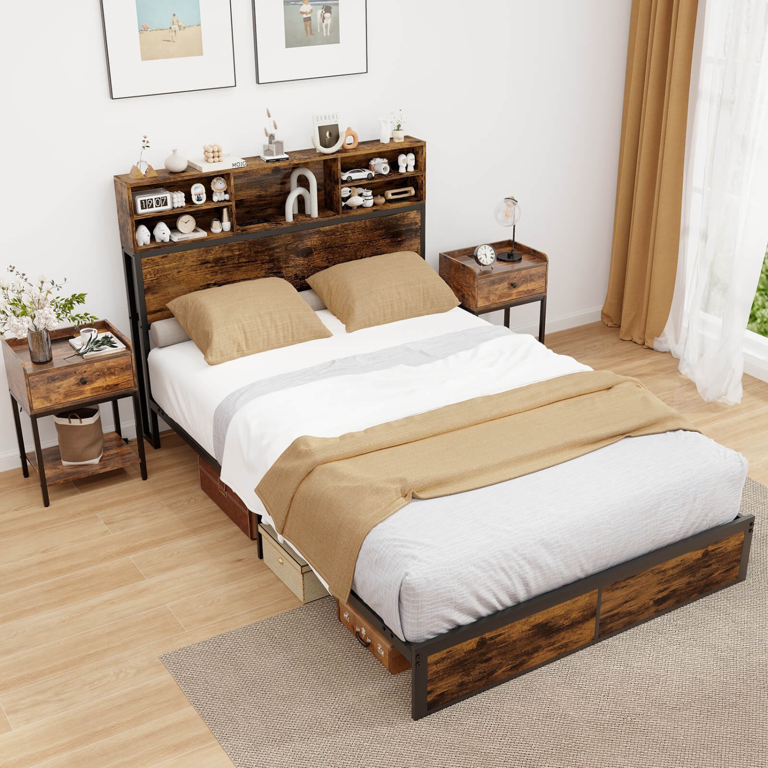 Costway Twin/Queen/King/Full Bed Frame with Charging Station Storage Headboard Under-bed Storage Space