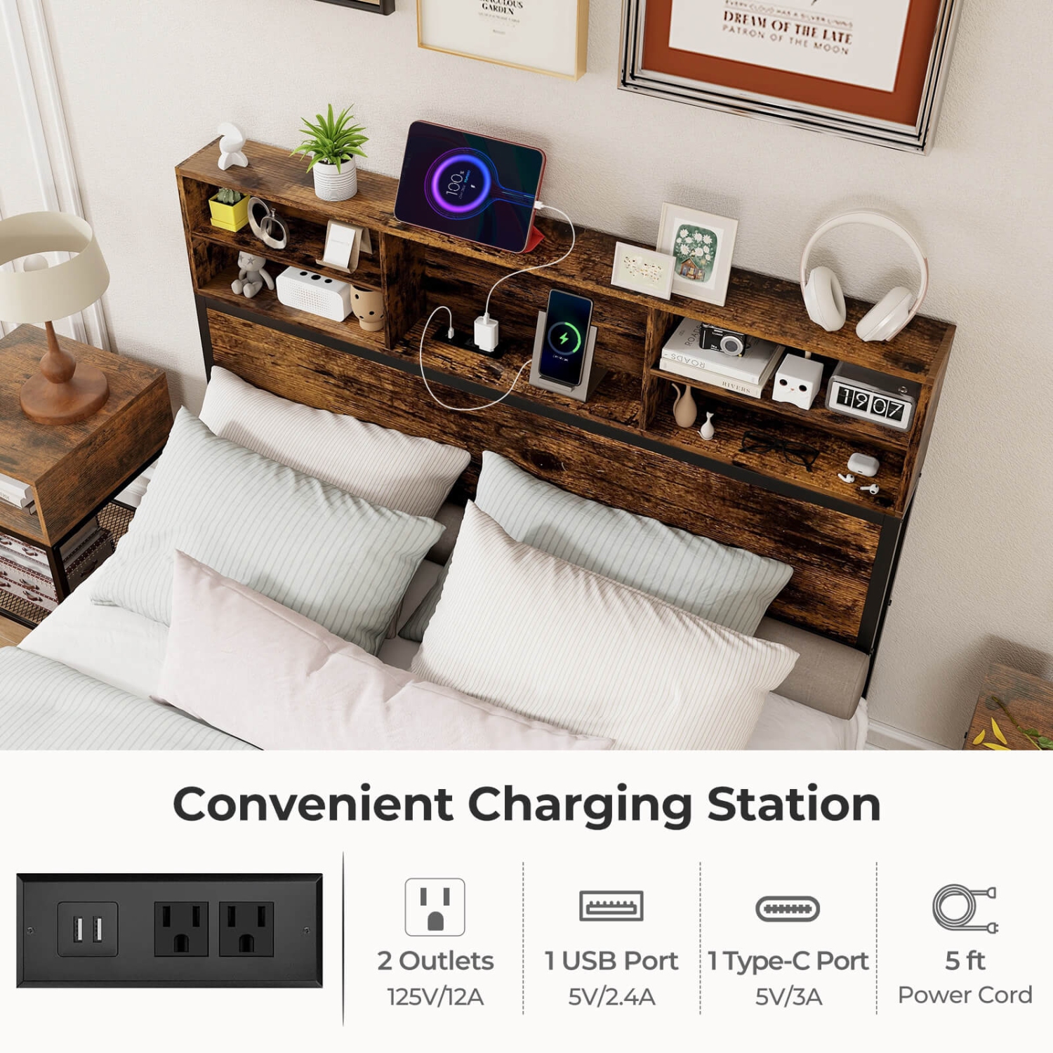 Costway Twin/Queen/King/Full Bed Frame with Charging Station Storage Headboard Under-bed Storage Space