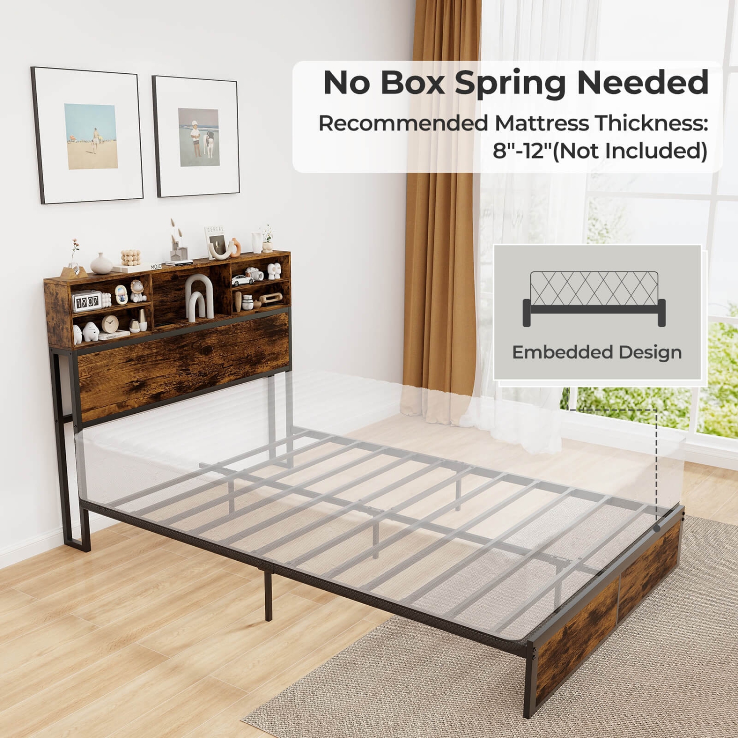 Costway Twin/Queen/King/Full Bed Frame with Charging Station Storage Headboard Under-bed Storage Space