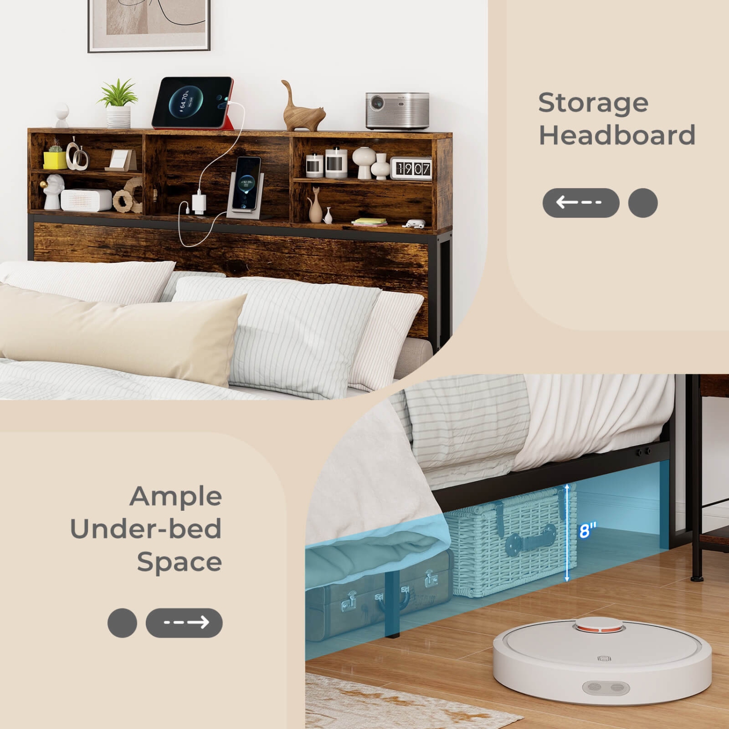 Costway Twin/Queen/King/Full Bed Frame with Charging Station Storage Headboard Under-bed Storage Space