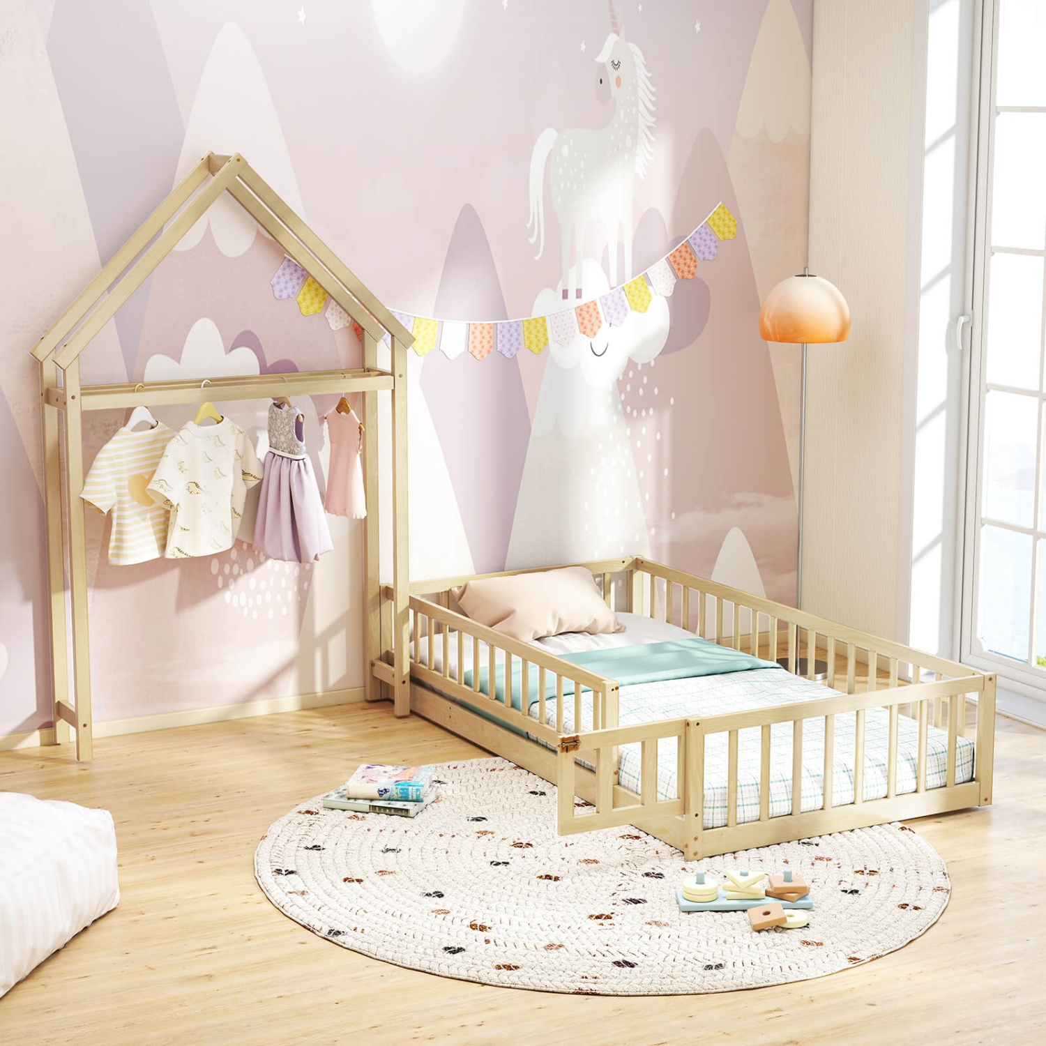 Costway Twin Size House Floor Bed with House-shaped Headboard Clothes Hanger without Slats Gray/Beige/Pink/White