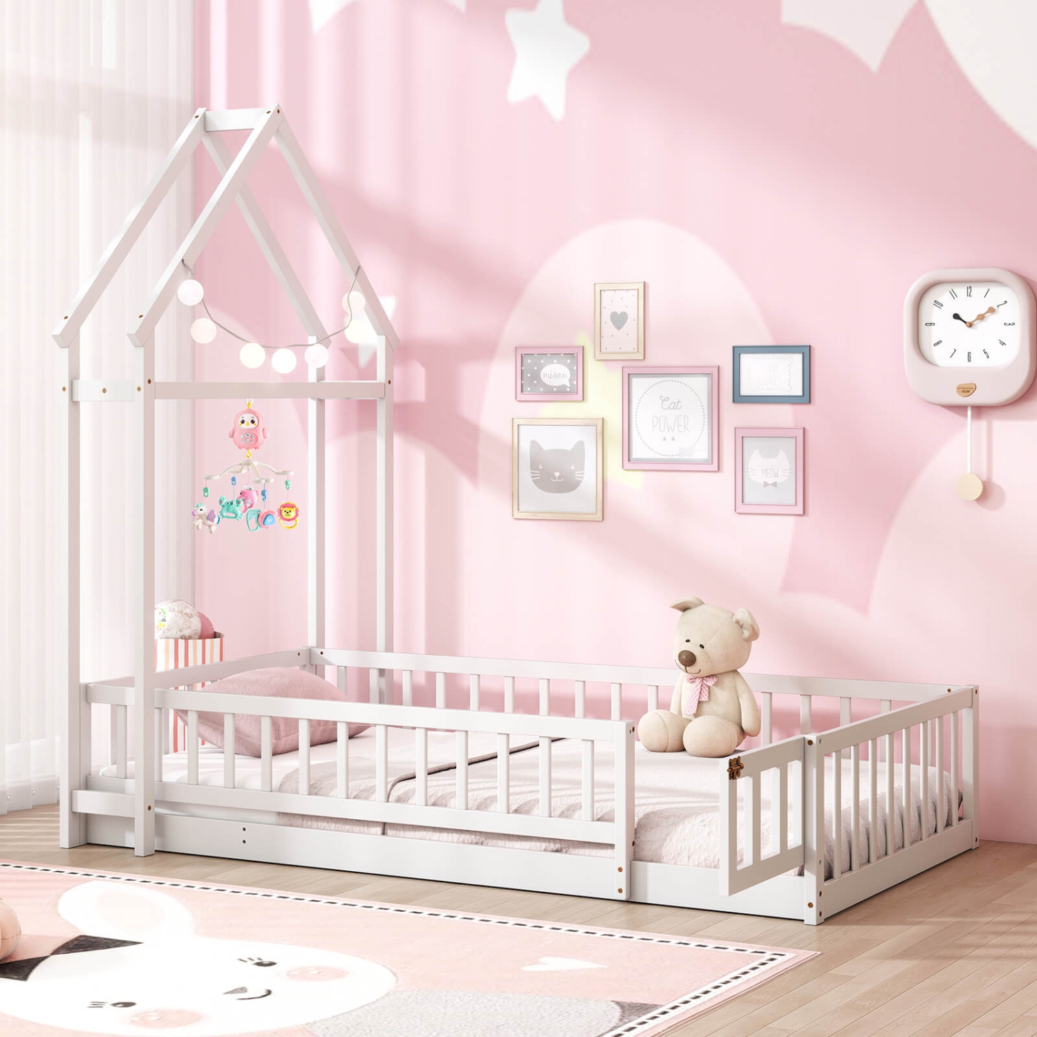 Costway Twin Size House Floor Bed with House-shaped Headboard Clothes Hanger without Slats Gray/Beige/Pink/White