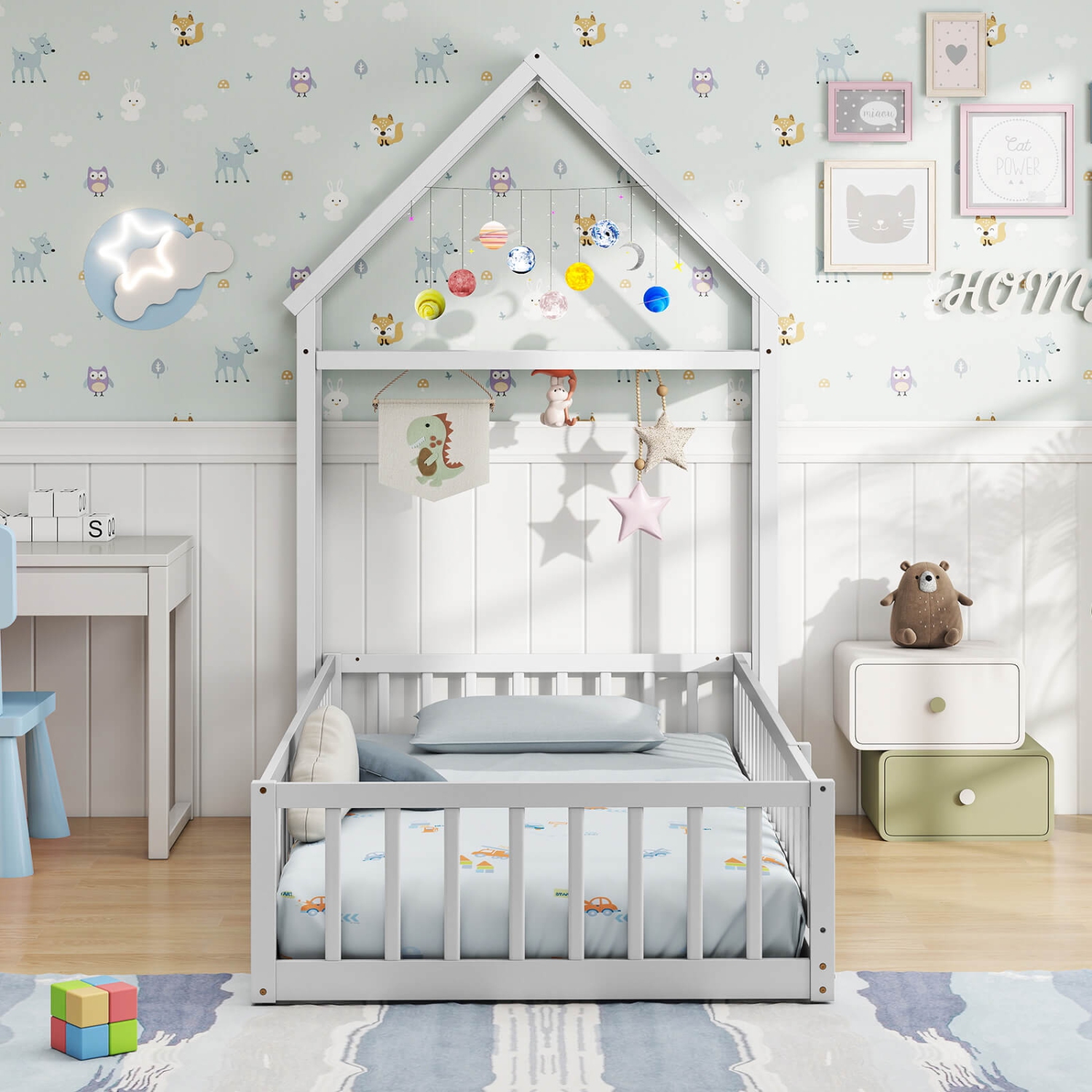 Costway Twin Size House Floor Bed with House-shaped Headboard Clothes Hanger without Slats Gray/Beige/Pink/White