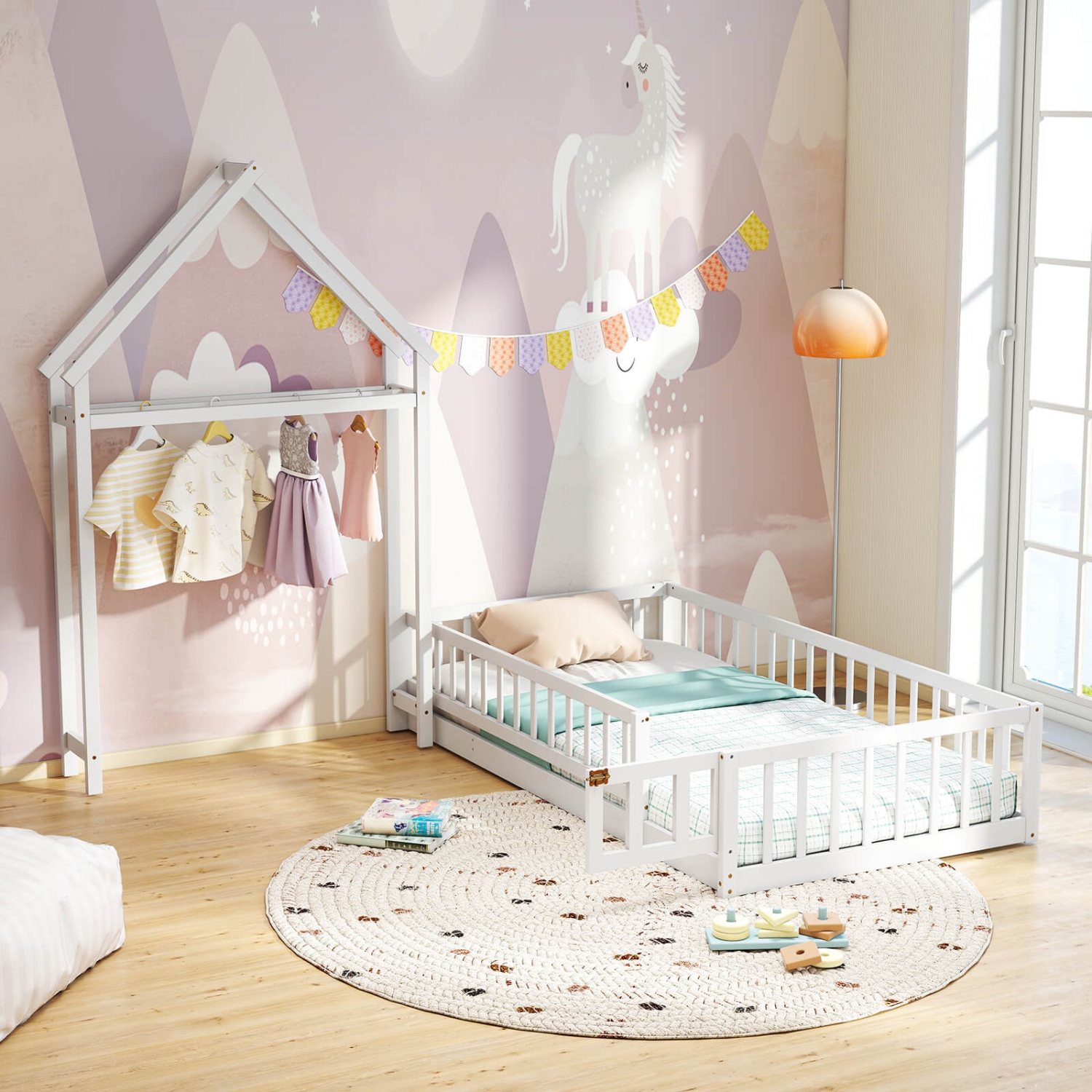 Costway Twin Size House Floor Bed with House-shaped Headboard Clothes Hanger without Slats Gray/Beige/Pink/White